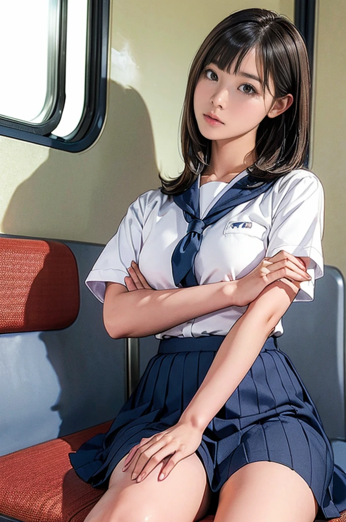 High-definition images, atmospheric perspective, 8k, Super detailed, Accurate, highest quality,
1 girl, alone, chest, looking at the viewer, (look at the viewer,:1.5),
brown hair, brown eyes, parted lips, underwear, panties, (japanese school uniform),
(navy blue skirt), (sit on a train seat:1.5), underwear, panties, parted lips,
lips, (navy blue skirt), cowboy shot, (((spread your legs, crossed arms))), showing sexy white panties:1.5), realistic ,
(white, collared shirt, ribbon tie),
(Do not expose your upper body:1.5),
(turn your body toward the viewer:1.5) , (from below, look up:1.5), ((15 year old Japanese girl, short bob))