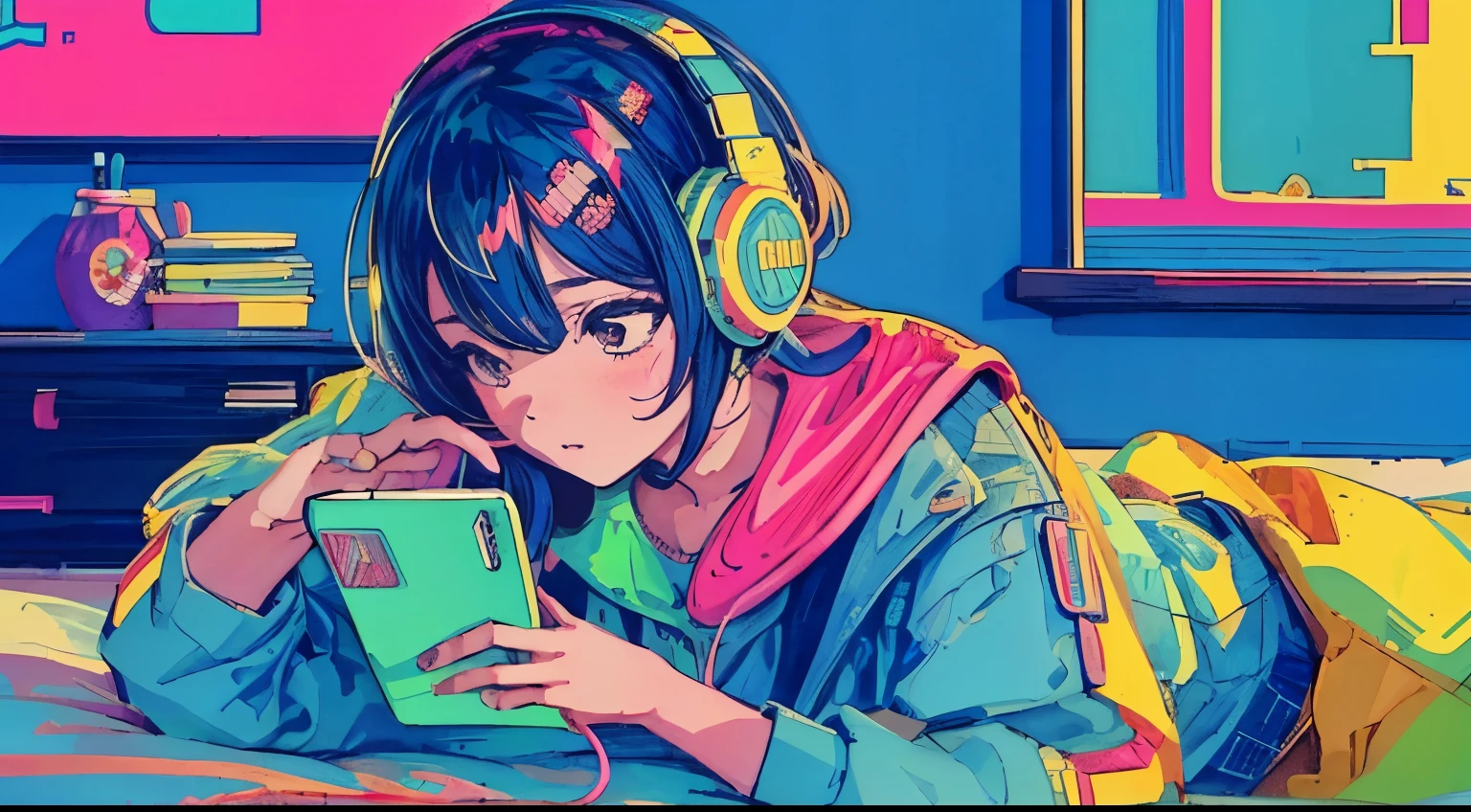 highest quality, 4k wallpaper, masterpiece, Very detailed CG ユニティ 8k 壁紙, Very fine grain, Very detailed, Intricate details, A girl in the center, Retro art style, neon_pop art style, indoor,Lying in bed,headphone,operating a smartphone