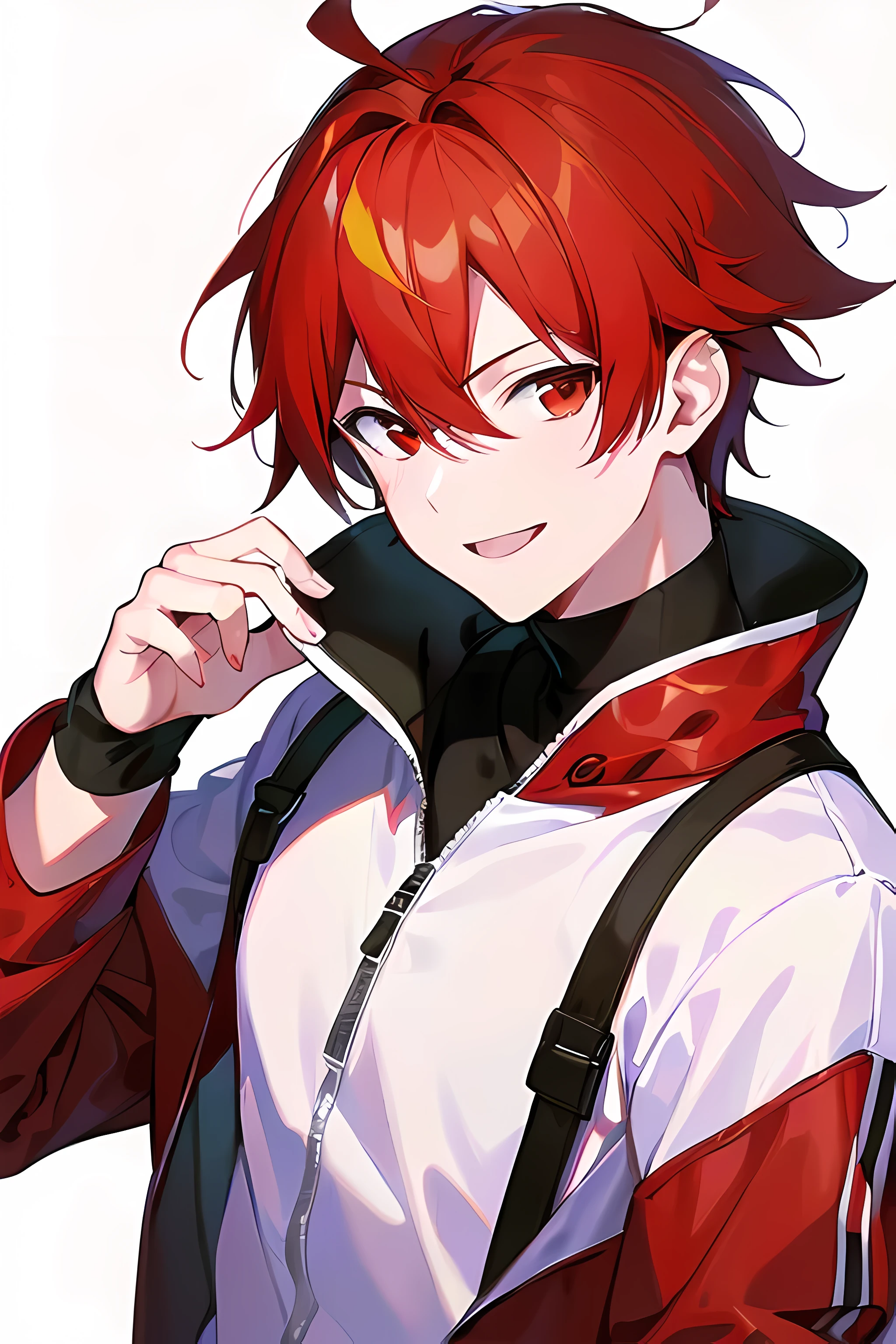 [(WHITE BACKGROUND:1.5),::5], ((((masterpiece)))), high quality, very_high_resolution, large_filesize, full color, ((boy)), , short red hair, vivid color, red eye, civilian clothes, anime, smile, upper body, (Blaze effect:1.3)