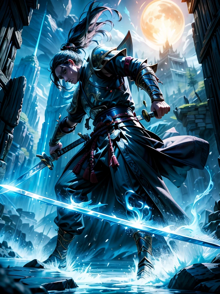 (best quality, highres),detailed swordsman, vibrant colors, intense action, dynamic poses, shiny swords, flowing robes, epic battle, dramatic lighting, fantasy setting, magical atmosphere, cinematic feel, masterful technique, intricate details, heroic warriors, immersive world, ancient weapons, fierce determination, extraordinary skills, mystical powers, legendary hero, captivating narrative, breathtaking scenery, legendary creatures, artistic composition, iconic moments, dramatic poses, mystical aura, intense combat, battle-tested warrior, legendary sword.