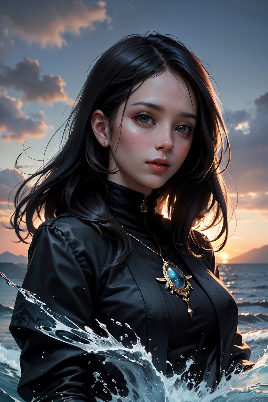 ((best quality)), ((masterpiece)), (detailed), hyper-realistic portrait of a majestic young woman in her mid-20s, exuding confidence. Adorn her in a flowing purple and gold coat, intricately detailed and elegant. Let the backdrop showcase a black sand beach bathed in the soft glow of night. Scatter blurry bokeh lights in the distance for an ethereal depth, and whisper hints of starlight across the vastness. To further enhance the scene, capture a subtle wave gently crashing on the shore, adding a touch of movement and dynamism.