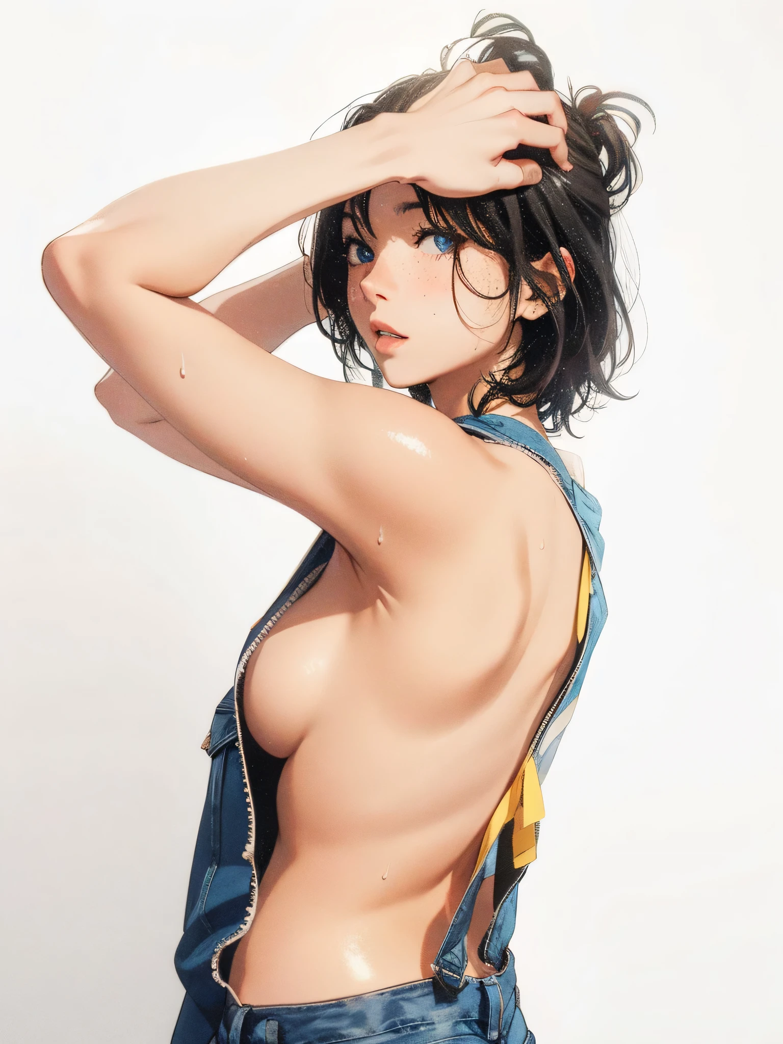 girl, sweat, medium breast, shy, detailed hand, looking at viewer, lips apart, dynamic shadows