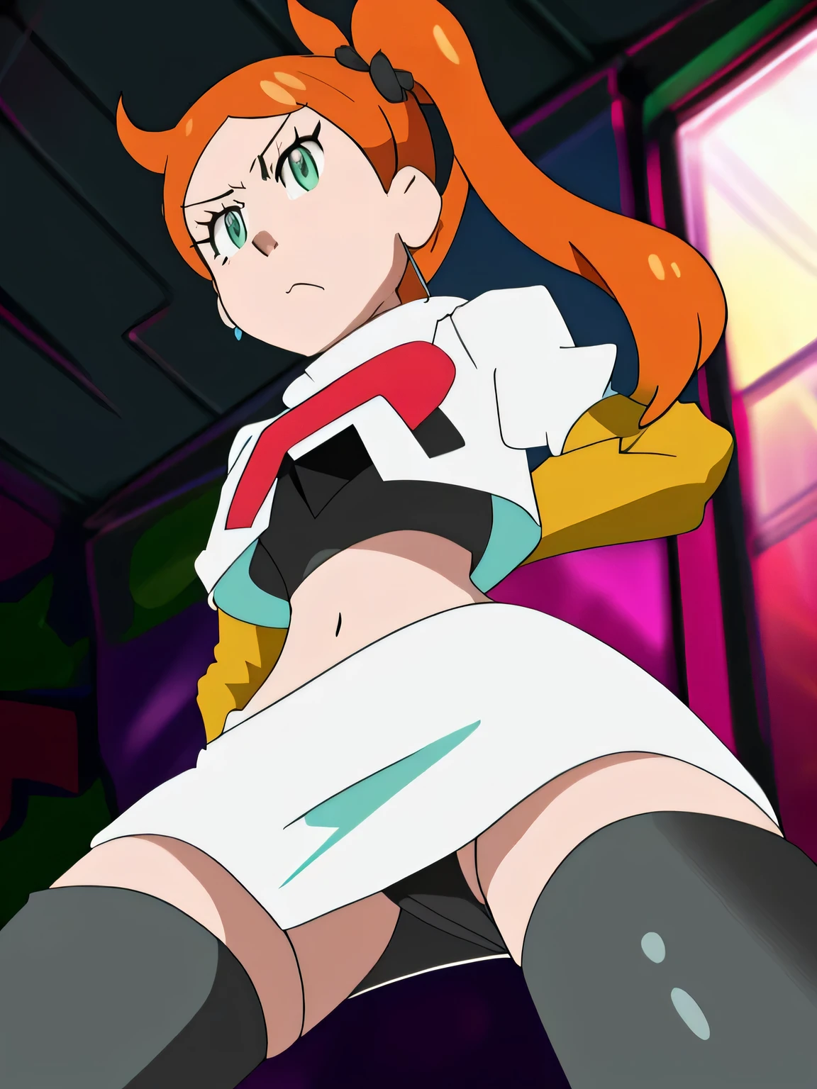 1girl, solo ,sonia, side ponytail,orange hair, heart hair ornaments, aqua eyes ,glossy lips, earings, closed mouth,masterpiece,best quality,high res,high quality,8k, masterpiece,highres, team rocket uniform, red letter r, white skirt,white crop top,black thigh-high boots, black elbow gloves, glaring angrily, looking down at viewer, hands on hips, cowboy shot, zettai ryouiki,spread legs,from below, black panties,anime style, vivid colors, sharp focus, intense lighting,