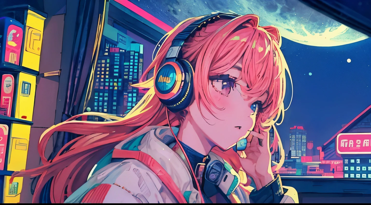 highest quality, 4k wallpaper, masterpiece, Very detailed CG ユニティ 8k 壁紙, Very fine grain, Very detailed, Intricate details, A girl in the center, Retro art style, neon_pop art style, indoor,headphone,Angle from below,Night sky from window,full moon