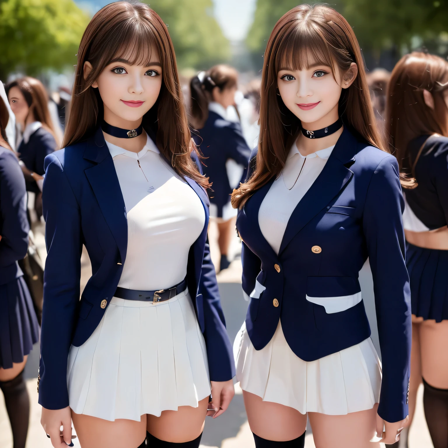 ((masterpiece, High resolution)), ((Thousands, Crowd)), girl, group, clone, (( brown haired girl, blonde girl)), elegant, rich girl, Emotionless, Arms at your sides, Straight spine, (((Matching outfits, Same clothes, Navy blue uniform, Sexy Uniform, Navy blue blazer, Short skirt, White knee socks, Long white socks, Black high heels))), Upright immobile posture, shoulder to shoulder, Same pose, sisters lined up neatly, Many lines, Crowd Shot, ((Black Choker, blue eyes, Very long eyelashes, bangs, Big Breasts, smile)),slim、lecture hall、((See-through, Big Breasts))