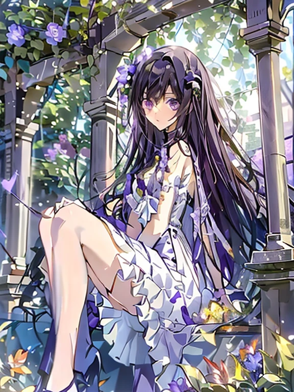 nswf、masterpiece, best quality, 1 girl,solo,codegeass,lelouch,Feminization、Feminization,18-year-old、 Long Hair、Black Hair、beautiful purple eyes、Beautiful Hair、170cm, Small waist、Beautiful body、Beautiful breasts、A purple summer dress that reflects the whole body、Blue rose corsage、full body、Long, slender legs、girl sitting、garden