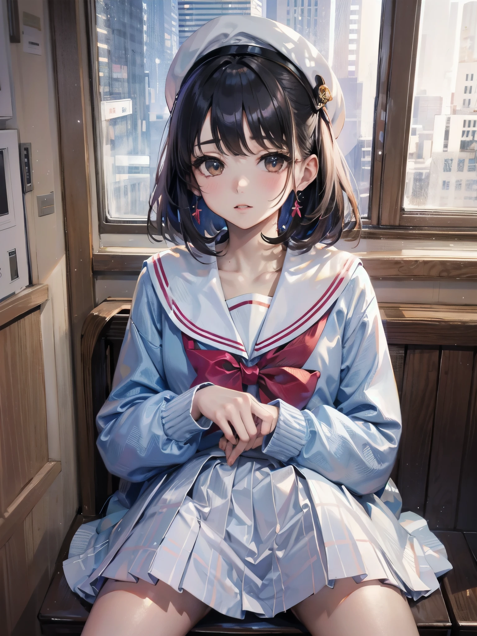 there is a young girl in a sailor suit sitting on a chair, seifuku, shikamimi, chiho, with index finger, sakimichan, iwakura lain, close up iwakura lain, shiori teshirogi, kotegawa yui, sailor uniform, narumi kakinouchi, jk uniform