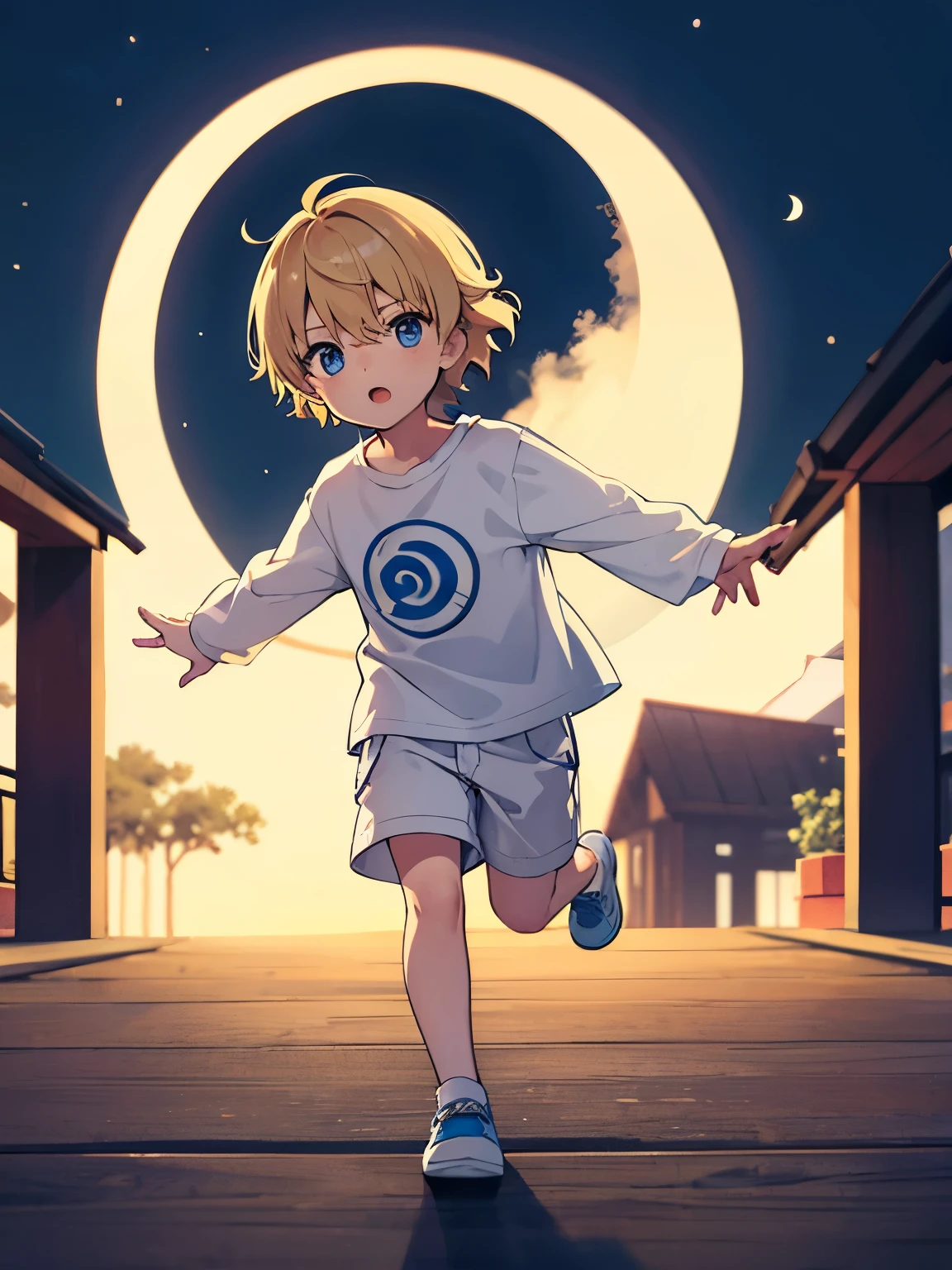 boy,guy,5 yearrt blonde hair,blue eyes,At night, the moon is beautiful,messy hair, wearing White t-shirt,plain t-shirt,long sleeve t-shirt, white shorts, Plain t-shirt,Running in the royal yard,,full body photo