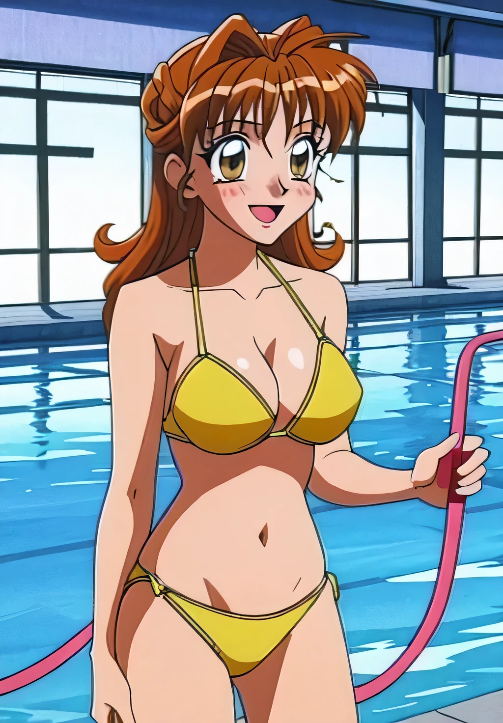 alone,Pool,bikini,Swimwear,pupil_Brown,blush,smile,Open your mouth,masterpiece, expensive quality, very_expensive_solve, big_file size, Full Color,