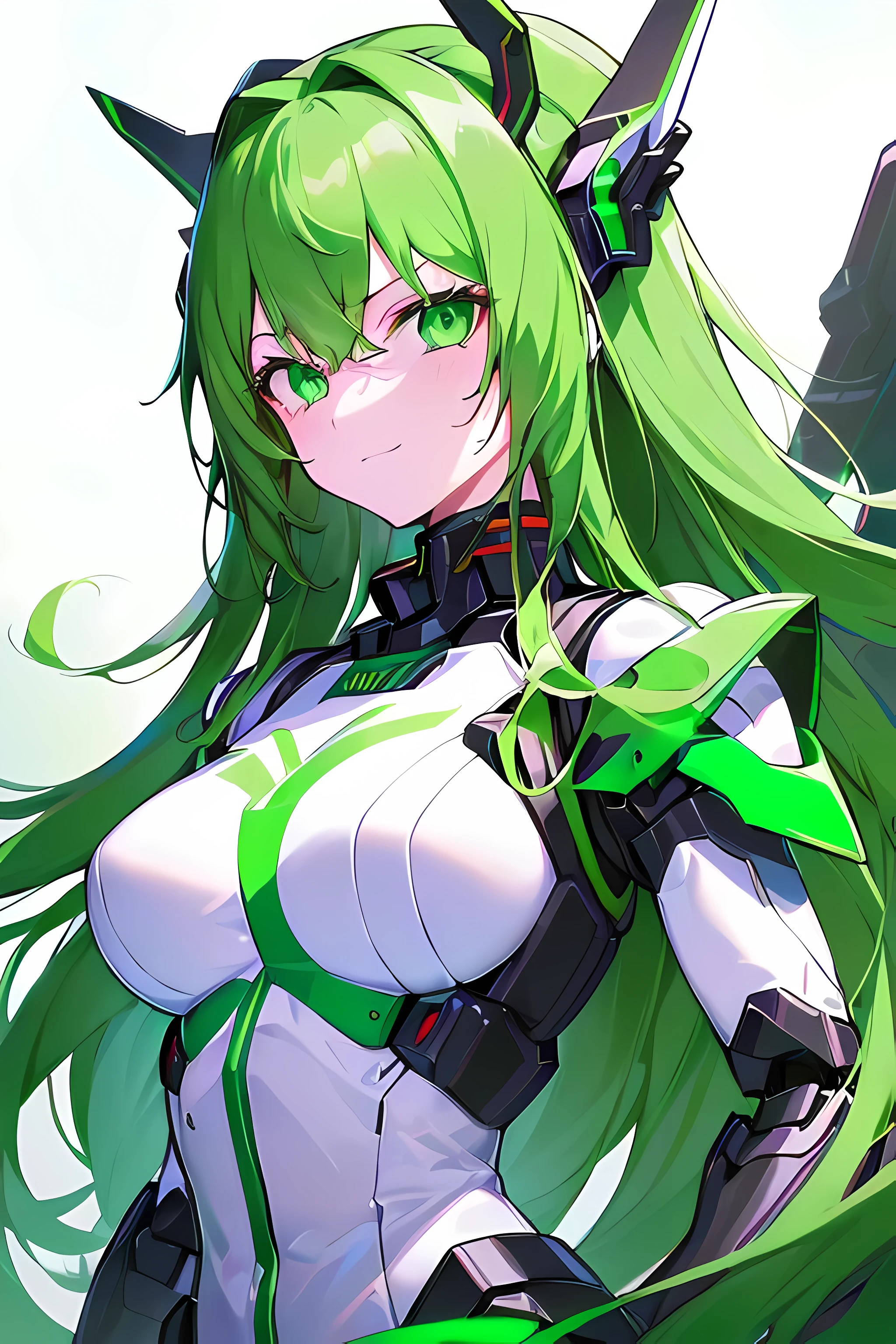 [(WHITE BACKGROUND:1.5),::5] masterpiece, absurdres, best quality, best aesthetic, upperbody, 1girl, solo, Green hair, long hair, Green eyes, (slant eyes), science fiction, (mecha musume:1.5), mechanical parts, headgear, doragon mechanical wings, ((mechanical Black dragon Armor)), Evil smile face, (((neon light green))), (upper body), Anime style