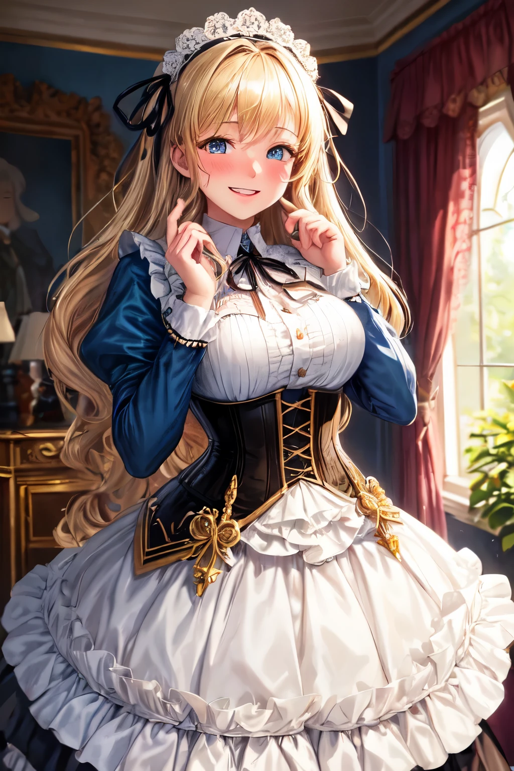 ((highest quality)), ((masterpiece)), (detailed), Perfect Face,gothic style,In a mansion,bay window,Show your face,A big smile,Embarrassed,happiness,happy time,,Blonde,ribbon,hand in own hair,beautiful girl,dwaft,pygmy,Long Hair,velvet,corset,Frills,organdy,Lace clothes,crinoline,Headdress,Cheek resting on hand