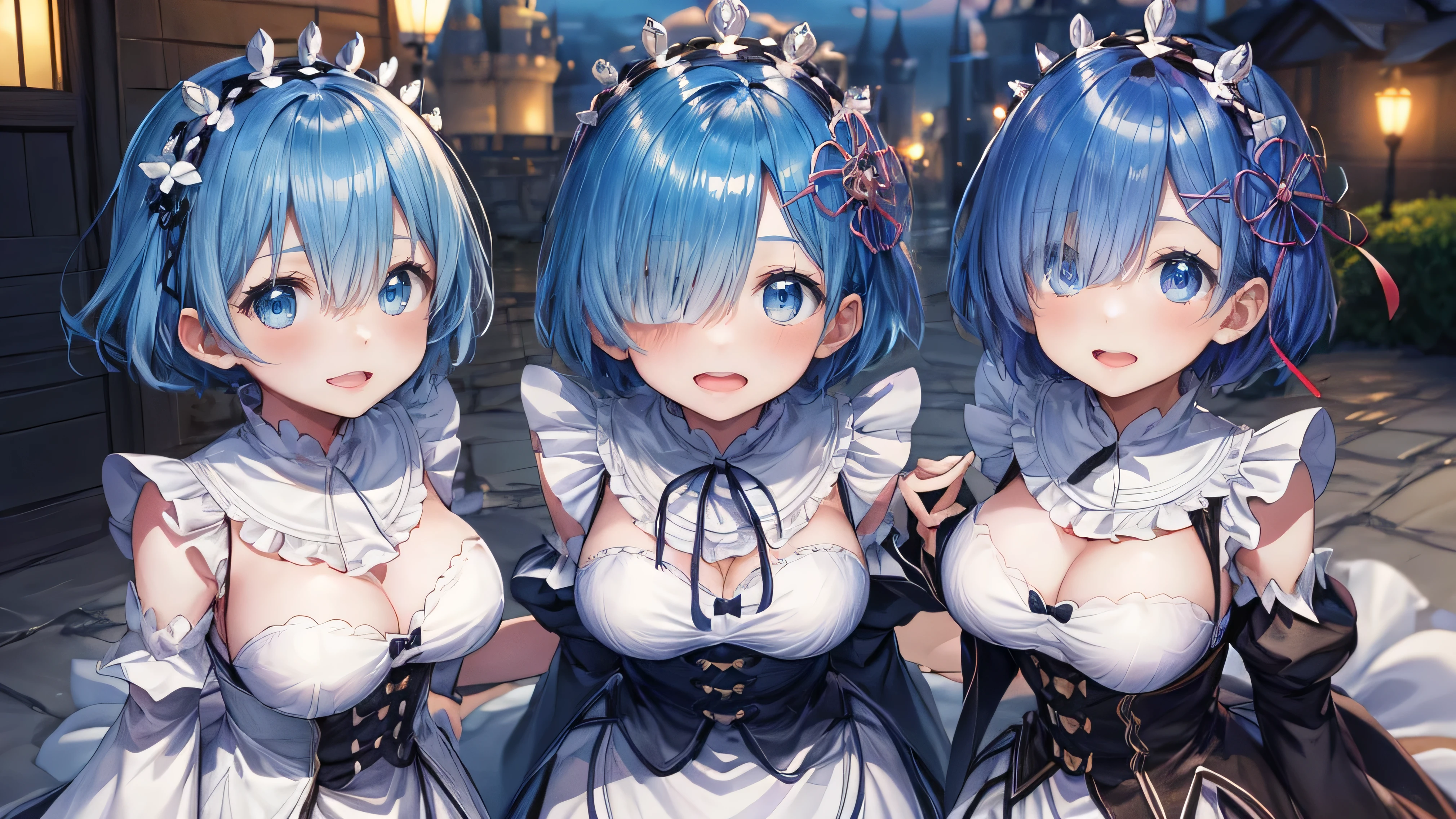 Ultra HD、(masterpiece)、[3Dimage:1.15],Attractive eyes、Your smile is so cute、[[Detailed eyes、Colorful eyes、Shining Eyes:1.15]]、Blue Hair、skirt,Best Anime 4K Konachan Wallpaper, Anime Style 4k,Anime Moe Art Style、Cowboy Shot,8Ｋimage、(highest quality:1.2)、(Facial details:1.2)、masterpiece、Ultra-precision、Best image quality, blush, highest quality, Perfect lighting, One Girl, skirt, Middle Breath、15 years old、large breasts with good shape、((The right eye is hidden by hair))、Inside the castle