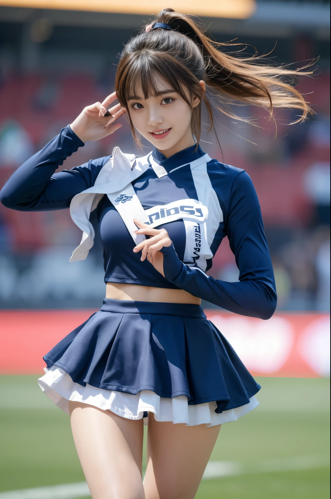 Best-quality, Masterpiece, Ultra-High-Resolution, (Photorealistic:1.4), Raw-Photo, 1girl, the most popular Japanese idol, wearing only colorful-cheerleading-uniform-with-cute-design, dancing at stadium, from below, dynamic-pose, best-smile, upturned ass, extremely cute face like a most famous Japanese idol, extremely beautiful big-black-eyes, extremely beautiful black-short-cut-haired, extremely beautiful thighs, looking at viewer, detailed colorful-cheerleading-uniform-with-cute-design