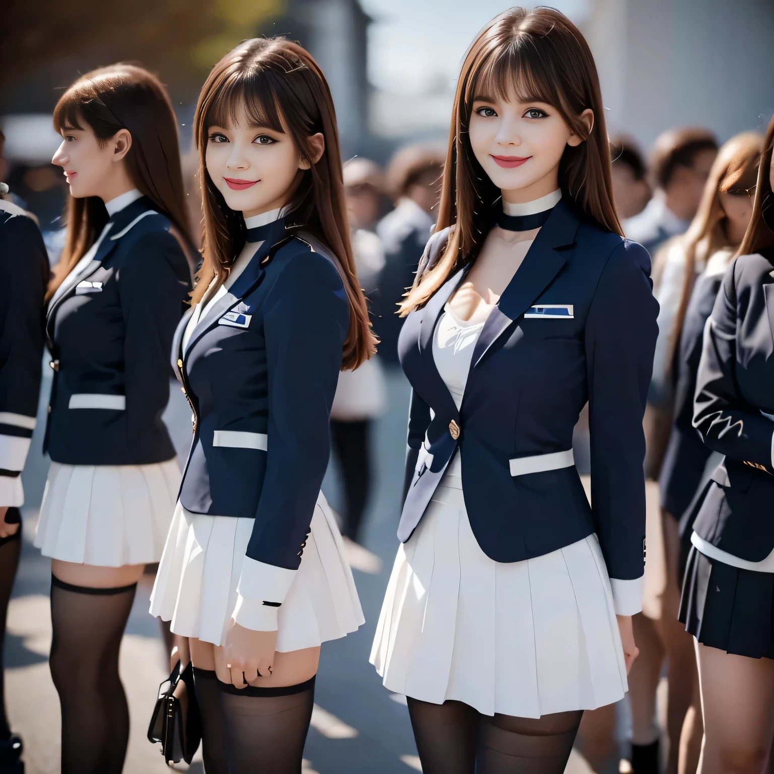 ((masterpiece, High resolution)), ((Thousands, Crowd)), girl, group, clone, (( brown haired girl, blonde girl)), elegant, rich girl, Emotionless, Arms at your sides, Straight spine, (((Matching outfits, Same clothes, Navy blue uniform, Sexy Uniform, Navy blue blazer, Short skirt, White knee socks, Long white socks, Black high heels))), Upright immobile posture, shoulder to shoulder, Same pose, sisters lined up neatly, Many lines, Crowd Shot, ((Black Choker, blue eyes, Very long eyelashes, bangs, Big Breasts, smile))，slim、lecture hall、((See-through, Big Breasts))