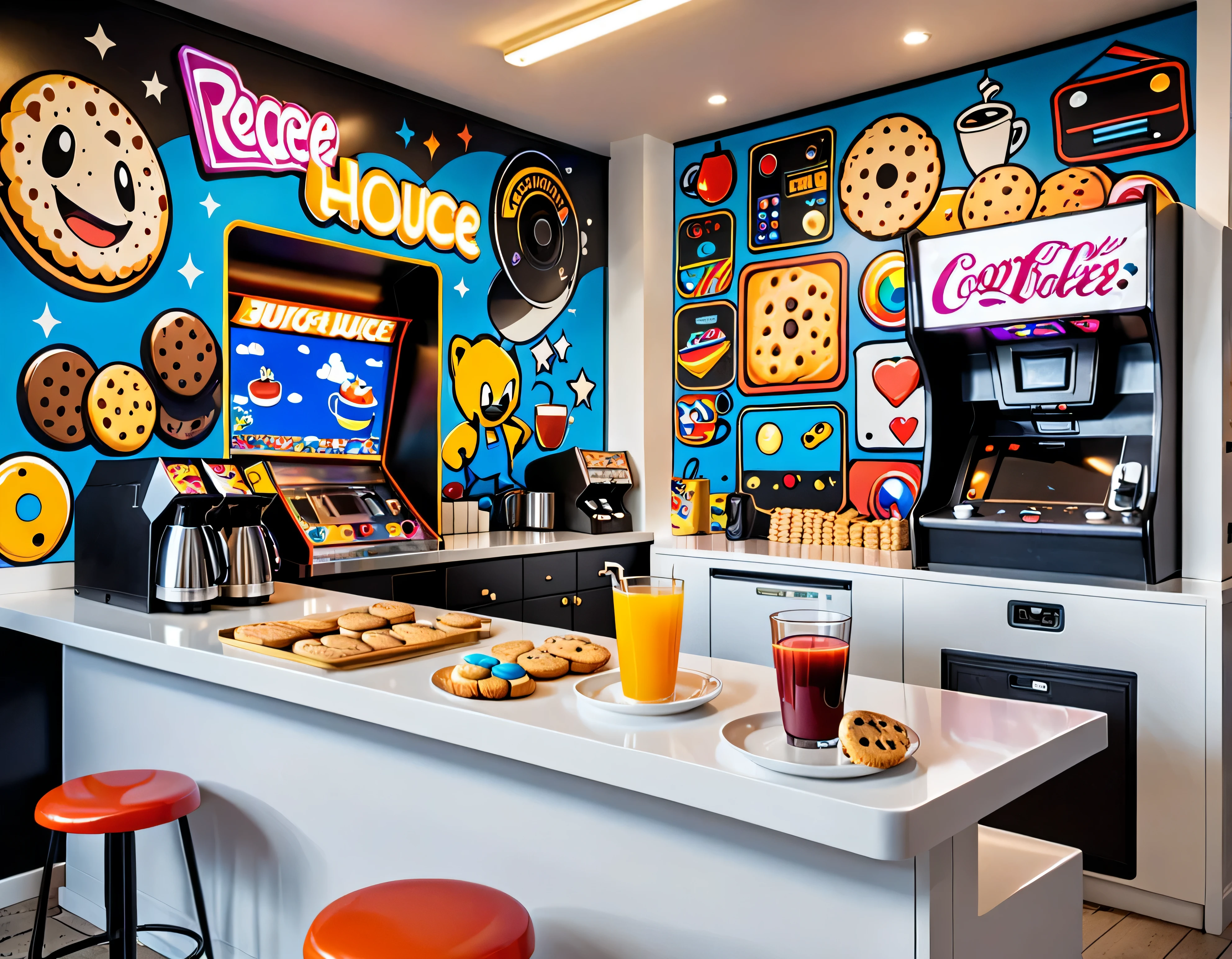 A (((counter))) in an arcade game house setting, with a vividly painted mural featuring 2D video game motifs, including a cup of (((coffee))), glasses of (((juice))), and a classic white clay plate with a (((biscuit))) alongside, all against a backdrop of a sleek, modern white counter