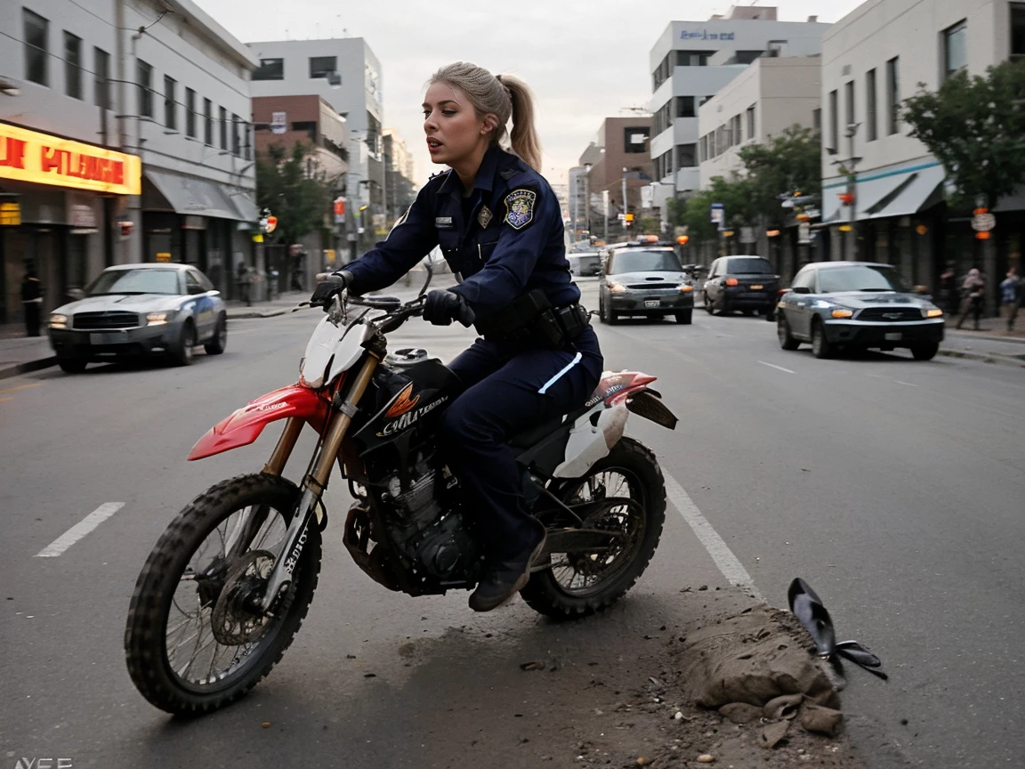 Cinematic photo of Alexa Bliss abliss, naked, close up low shot, recklessly riding a dirt bike through a busy city street while constantly checking over her shoulder for the squadron of cop cars in hot pursuit, action shot, Police chase scene, , 