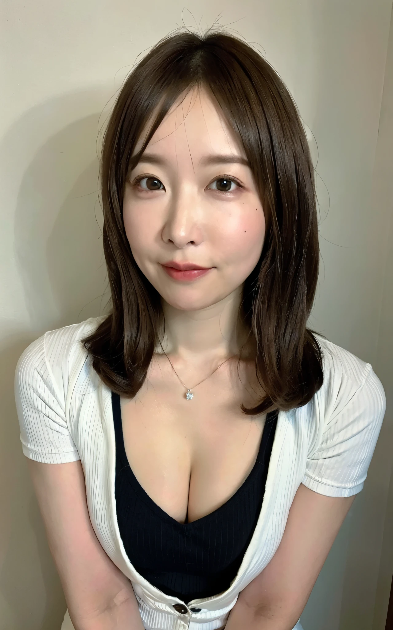 ((Best Quality, 8k, Masterpiece: 1.3)), Photorealistic, Sharp Focus, High Quality, High Definition, Portrait, Solo, Japan, Middle Aged Woman, Beauty, Clothes with Cleavage View, 43 years old, Plump, Wavy Hair, Business suit, Wrinkles at the corners of the eyes, Open legs, Narrow backyard, Lots of boxes, Lots of files, Dark background