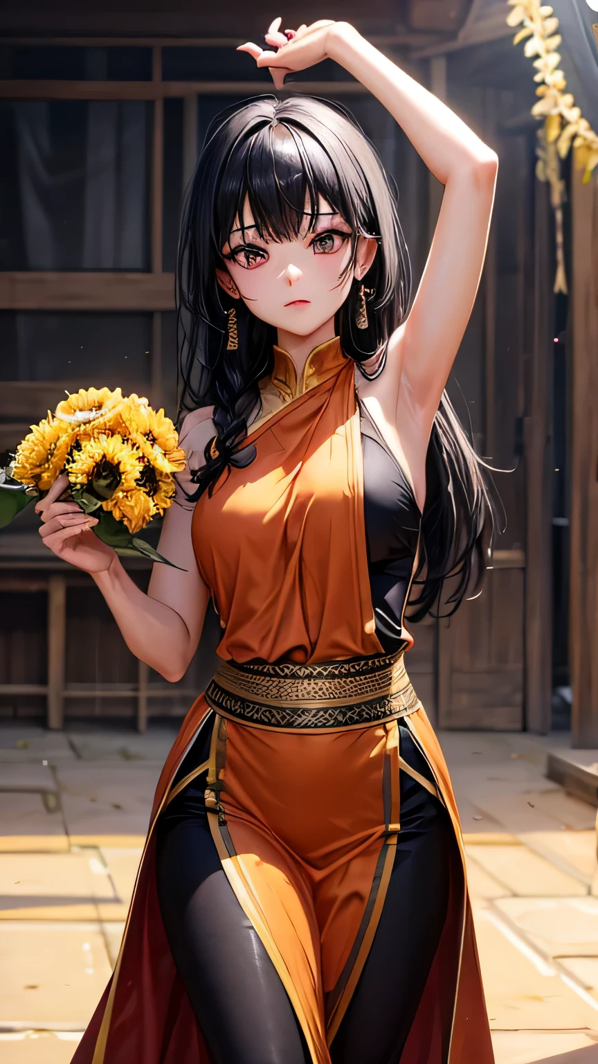 Dance vigorously beautiful girl Black Hair long Monk Perfect facial expression Perfect eye depiction Perfect hair description