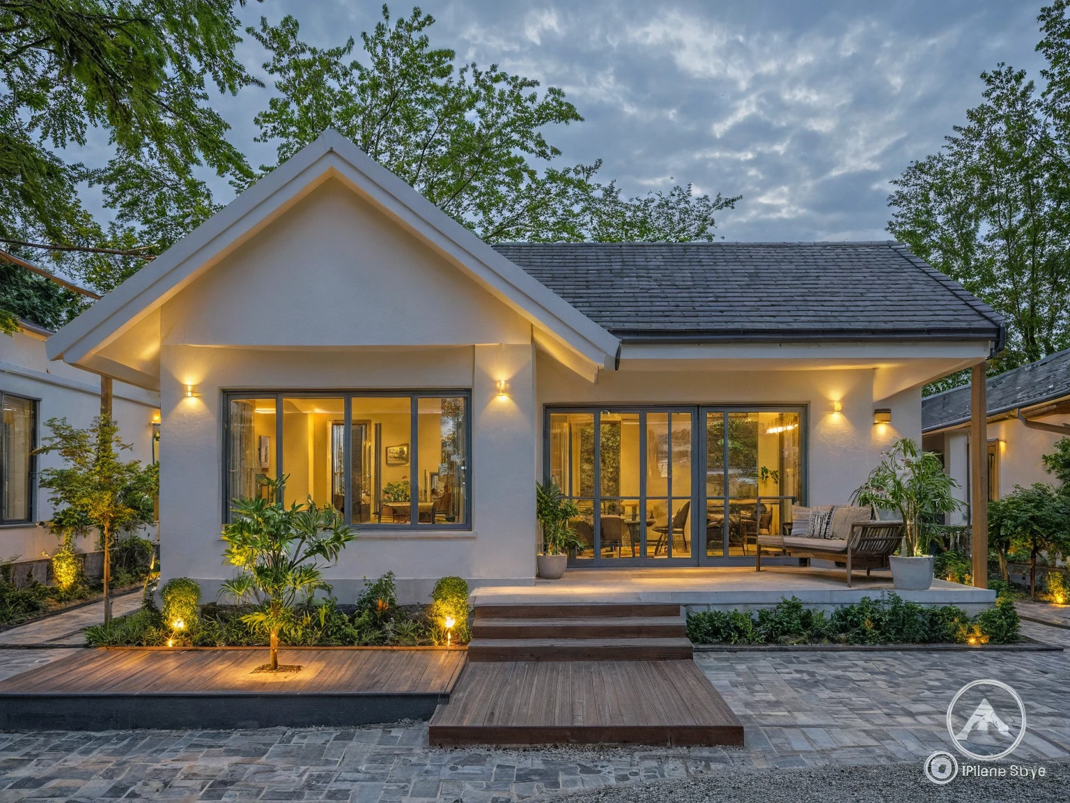 chef-d'artwork, high quality, best quality, authentique, Great detail, en plein air, villa de plain-piedXL, credit group, style de maison moderne dans la rue ,escaliers, mur blanc ,route,pavement, herbe, des arbres, ciel, nuage, (day light:1.1)