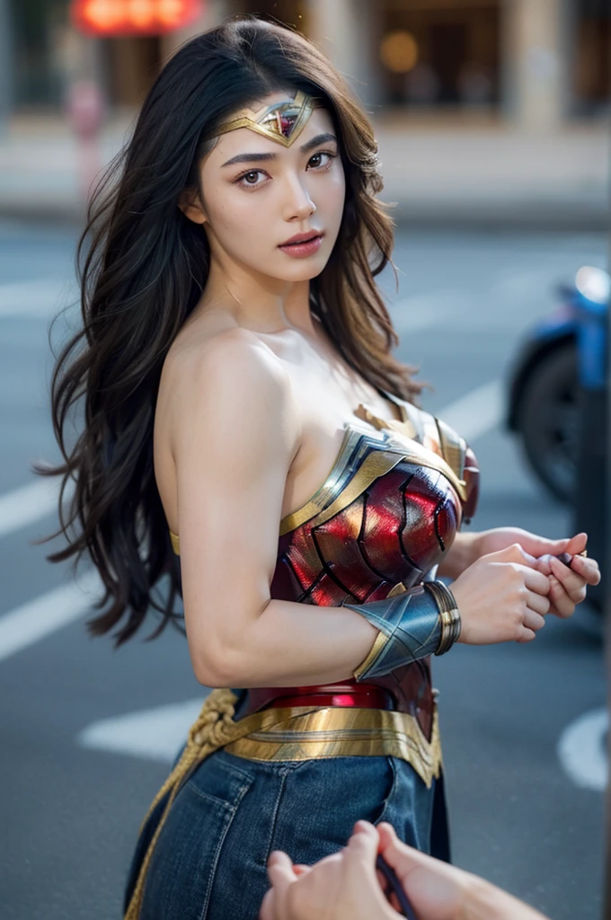 beautiful detail, best quality, 8k, highly detailed face and skin texture, high resolution, long hair huge tits japanese wonder woman in city, looking at viewer, sharp focus