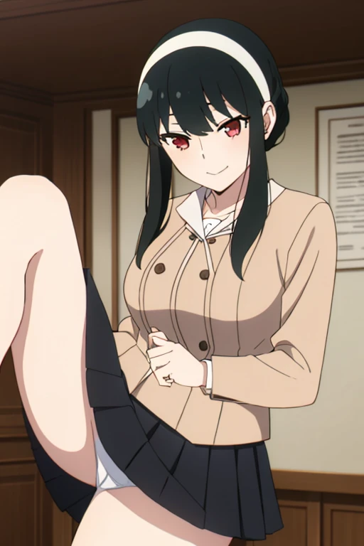 nsfw，(masterpiece, highest quality: 1.2), alone, 1 girl, alone, panties，，black，Sailor suit，blazer，((Skirt flip))，(((panties)))，your heather, smile, Mouth closed, View your viewers, Long black hair, head band,  Earrings, Big Breasts, Medium Waist, Medium Hips, wide thighs, Embarrassing, Charm, smiling with her Mouth closed, Good move.., Excellent anatomy,panties，classroom，，Sailor suit，blazer，