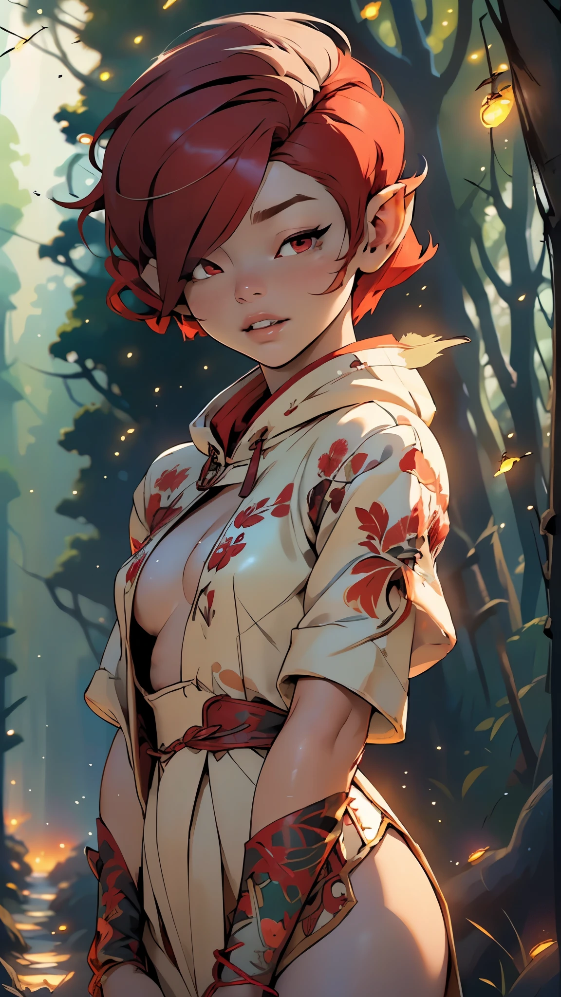 cute elf,(((little ,tiny little body,little))),(((6 years old))),((anime elf with extremely cute and beautiful red hair)), (((elf))), (((elf ears))),
(((flat chest))),((((red hair:1.35,short red hair,(wild short hair:1.5),((hair over eyes:1.3)),colored inner hair,ear breathing)))),(((red_eyes:1.3))),intricate eyes,beautiful detailed eyes,symmetrical eyes,big eyes:1.5,(((lustrous skin:1.5,bright skin: 1.5,skin tanned,shiny skin,very shiny skin,shiny body,plastic glitter skin,exaggerated shiny skin,illuminated skin))),(delicate detailed fingers,detailed body,(detailed face)),
cute,slutty,erotic,daring,((nsfw)),
revealing clothing,show skin,(((Hooded feathers coat, red feathers coat set, wear a feathers coat: 1.3,red winter coat))),((bare legs)), (half-naked, scantily clad),(((intricate outfit,intricate clothes,embroidered outfit,ornate outfit,embroidered clothes,ornate clothes))),
(dynamic pose:1.0),embarrassed,(centered,scale to fit dimensions,Rule of thirds),
((eagles flying in the background:1.5)),((((many fireflies,fireflies,glowing fireflies,fireflies in the background)))),
((forest rainy day, at night)),with dark stormy clouds,winter,scenery:1.25,intricate scenery,((forest rainy day background)),
(Glossy winter ornaments),highres,sharp focus,(ultra detailed,extremely detailed),(photorealistic artwork:1.37),(extremely detailed CG unity 8k wallpaper),(((vibrant colors,vibrant theme))),(intricate),(masterpiece),(best quality),artistic photography,(photography taken by sldr),(intricate background),perfect rendered face,perfect face details,realistic face,photo realistic,((intricate detail)),(((realism))),