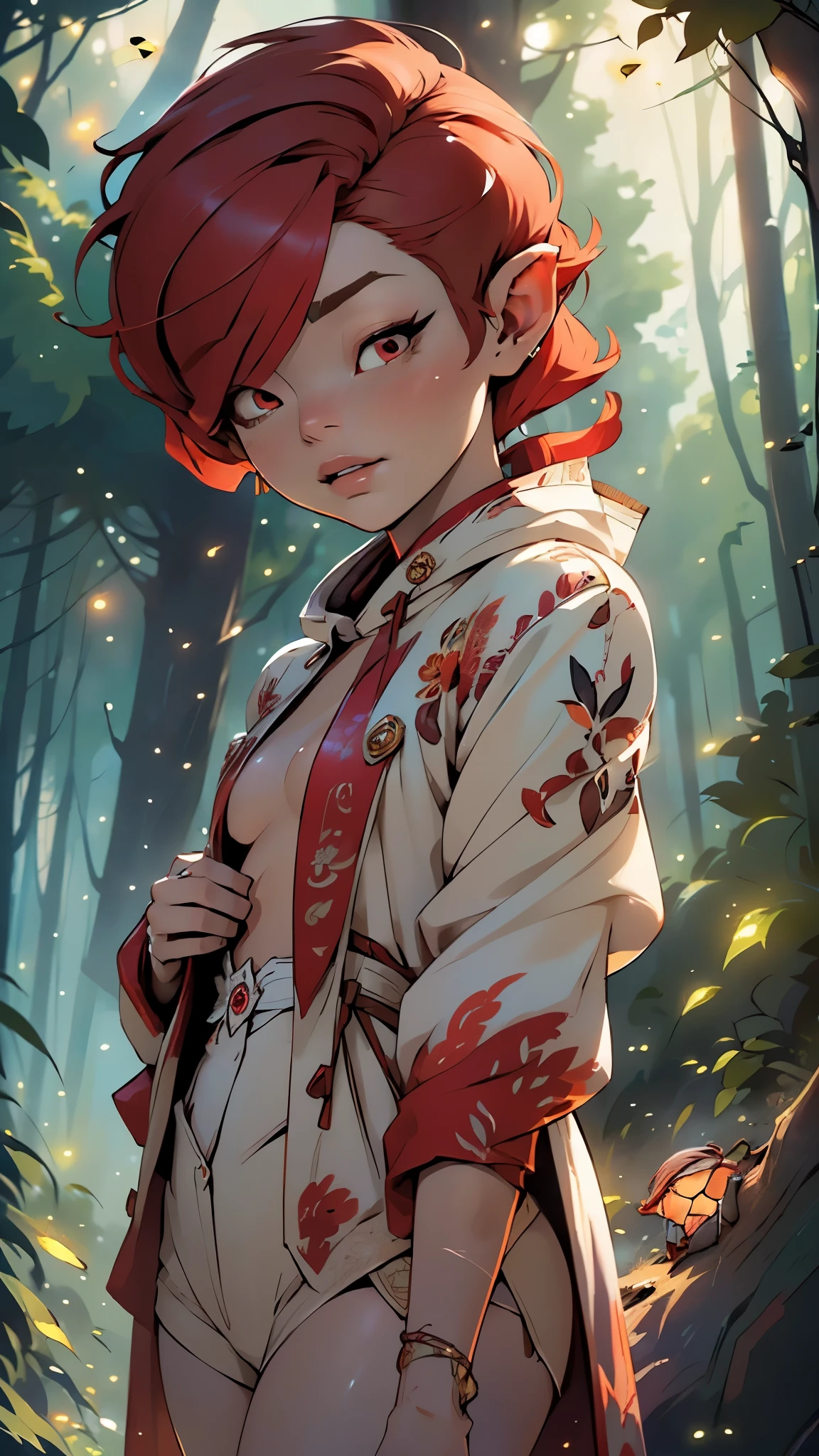 cute elf,(((little ,tiny little body,little))),(((6 years old))),((anime elf with extremely cute and beautiful red hair)), (((elf))), (((elf ears))),
(((flat chest))),((((red hair:1.35,short red hair,(wild short hair:1.5),((hair over eyes:1.3)),colored inner hair,ear breathing)))),(((red_eyes:1.3))),intricate eyes,beautiful detailed eyes,symmetrical eyes,big eyes:1.5,(((lustrous skin:1.5,bright skin: 1.5,skin tanned,shiny skin,very shiny skin,shiny body,plastic glitter skin,exaggerated shiny skin,illuminated skin))),(delicate detailed fingers,detailed body,(detailed face)),
cute,slutty,erotic,daring,((nsfw)),
revealing clothing,show skin,(((Hooded feathers coat, red feathers coat set, wear a feathers coat: 1.3,red winter coat))),((bare legs)), (half-naked, scantily clad),(((intricate outfit,intricate clothes,embroidered outfit,ornate outfit,embroidered clothes,ornate clothes))),
(dynamic pose:1.0),embarrassed,(centered,scale to fit dimensions,Rule of thirds),
((eagles flying in the background:1.5)),((((many fireflies,fireflies,glowing fireflies,fireflies in the background)))),
((forest rainy day, at night)),with dark stormy clouds,winter,scenery:1.25,intricate scenery,((forest rainy day background)),
(Glossy winter ornaments),highres,sharp focus,(ultra detailed,extremely detailed),(photorealistic artwork:1.37),(extremely detailed CG unity 8k wallpaper),(((vibrant colors,vibrant theme))),(intricate),(masterpiece),(best quality),artistic photography,(photography taken by sldr),(intricate background),perfect rendered face,perfect face details,realistic face,photo realistic,((intricate detail)),(((realism))),