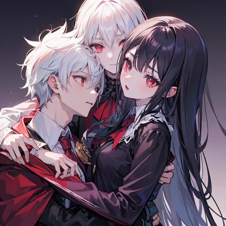 Vampire girl bites human boy on the neck.