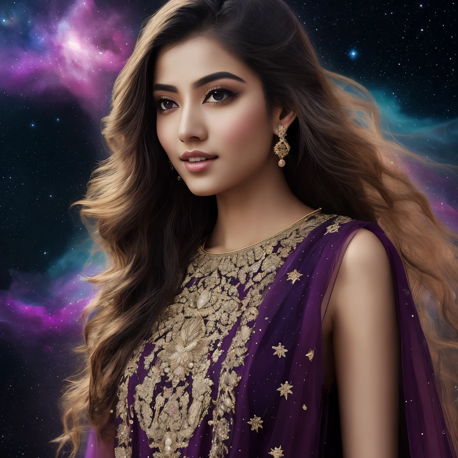 ((best quality)), ((masterpiece)), (detailed), Craft a hyper-realistic portrait of a captivating Pakistani woman in her mid-20s with fair complexion, radiating an otherworldly presence. Drape her in a flowing nebula gown, its fabric swirling with vibrant hues of purple and gold that echo the cosmos. Instead of a backdrop, paint a swirling vortex of stardust and nebulae, adorned with distant galaxies and shimmering nebulae. Capture the woman's gaze fixed on a point beyond the frame, hinting at a connection to the cosmos. Maintain the hyper-realistic style with an amazing depth of field, focusing on her face and the intricate details of the nebula gown. Let subtle wisps of stardust dance around her, further emphasizing the cosmic theme. Incorporate traditional Pakistani elements like delicate jewelry or intricate mendhi designs on her hands, subtly woven into the cosmic gown for a unique blend of cultures.