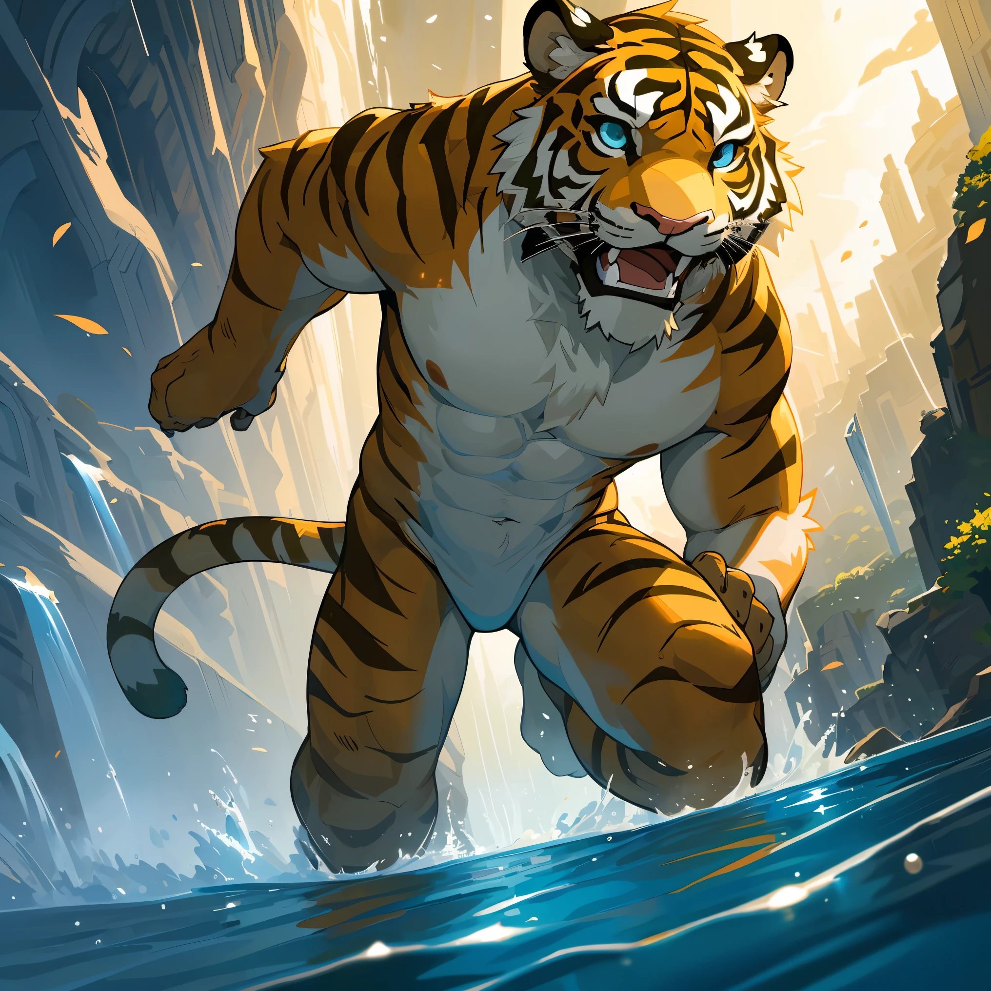 cover page, highres, top quality, best quality, paid reward available, unparalleled masterpiece, perfect artwork, absurdres, High-quality illustrations, super high resolution, detailed background, perfect anatomy, tiger and girl, Tiger painting, A flash of light runs, Colorful water levitation(2D:1.5) ((dramatic))epic, One scene of movie,