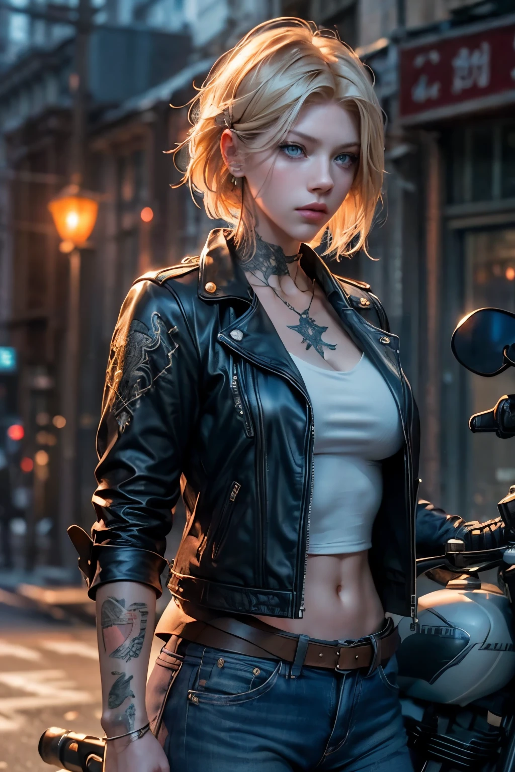 blonde short hair, tattooed, vibrant blue eyes, white pale skin, ((Katheryn Winnick)), portrait, rocker clothes, biker clothes, elegant, thin nose, thin chin, tattoos. dark night scene, motorclub, High detail RAW colored art, (detailed skin, skin texture), (muscle), intricate details, fine details, hyperdetailed, ray tracing, subsurface scattering, diffuse soft lighting, red and blue spotlight, by Jeremy Mann, Greg Manchess, Antonio Moro, trend at ArtStation, trend at CGSociety, Intricate, High Detail, Sharp focus, dramatic and photorealistic painting art by midjourney and greg rutkowski, bokeh in the background, motorclub jacket, best quality, masterpiece, only 1girl, Halfbody portrait, night dark ambient, look at the viewer, leather jacket, tattooed, outdoor night road, harley motorbike, dark