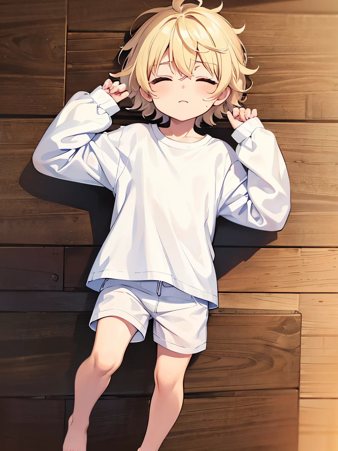 ,guy,5 years olexpression, closed eyes,Head to the right,Short blonde hair,messy hair, wearing White t-shirt,plain t-shirt,long sleeve t-shirt, white shorts, Plain t-shirt,,full body photo