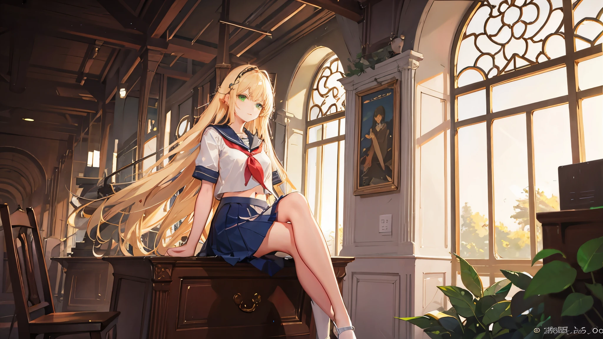 ((masterpiece,highest quality, High resolution)), One girl, alone, Green Eyes, Long blonde hair tied with a blue ribbon, Blunt bangs, Sitting, Arms folded on the table, Sleep arm in arm, , white serafuku, Red Sailor Collar, Short sleeve, White pleated skirt, (In the library), dramatic light, Next to the window, afternoon light through the window, afternoon, Bokeh effect