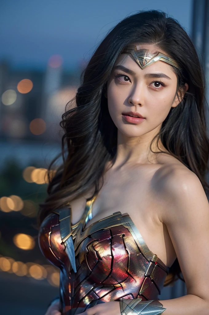 beautiful detail, best quality, 8k, highly detailed face and skin texture, high resolution, long hair huge tits japanese wonder woman in city at night, looking at viewer, sharp focus