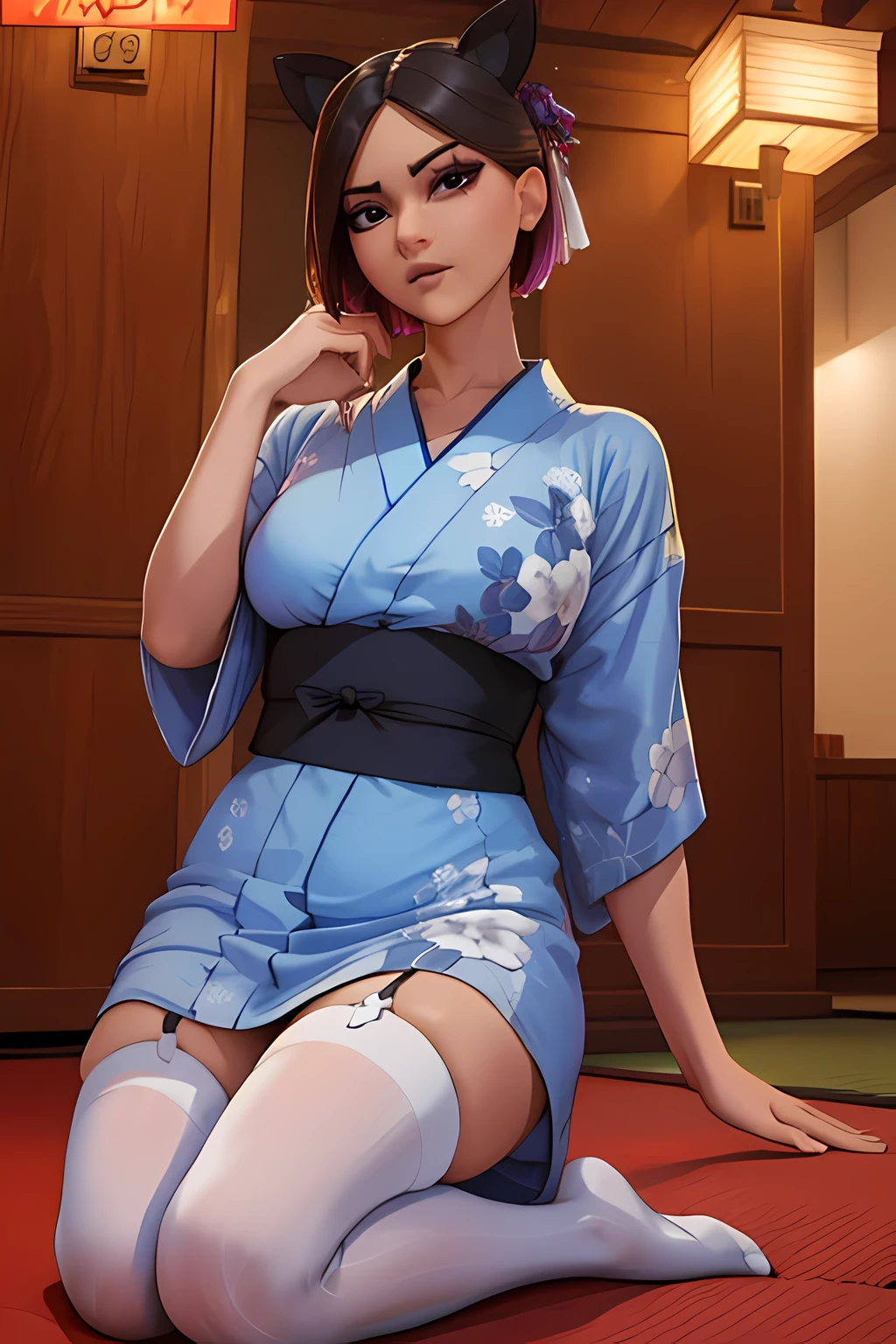 lince , Japanese yukata dress with big white stockings ,Noche ,Extremadamente detallado, rostro detallado ,hermoso rostro, ojos finos, mirando al espectador, pose fe******.