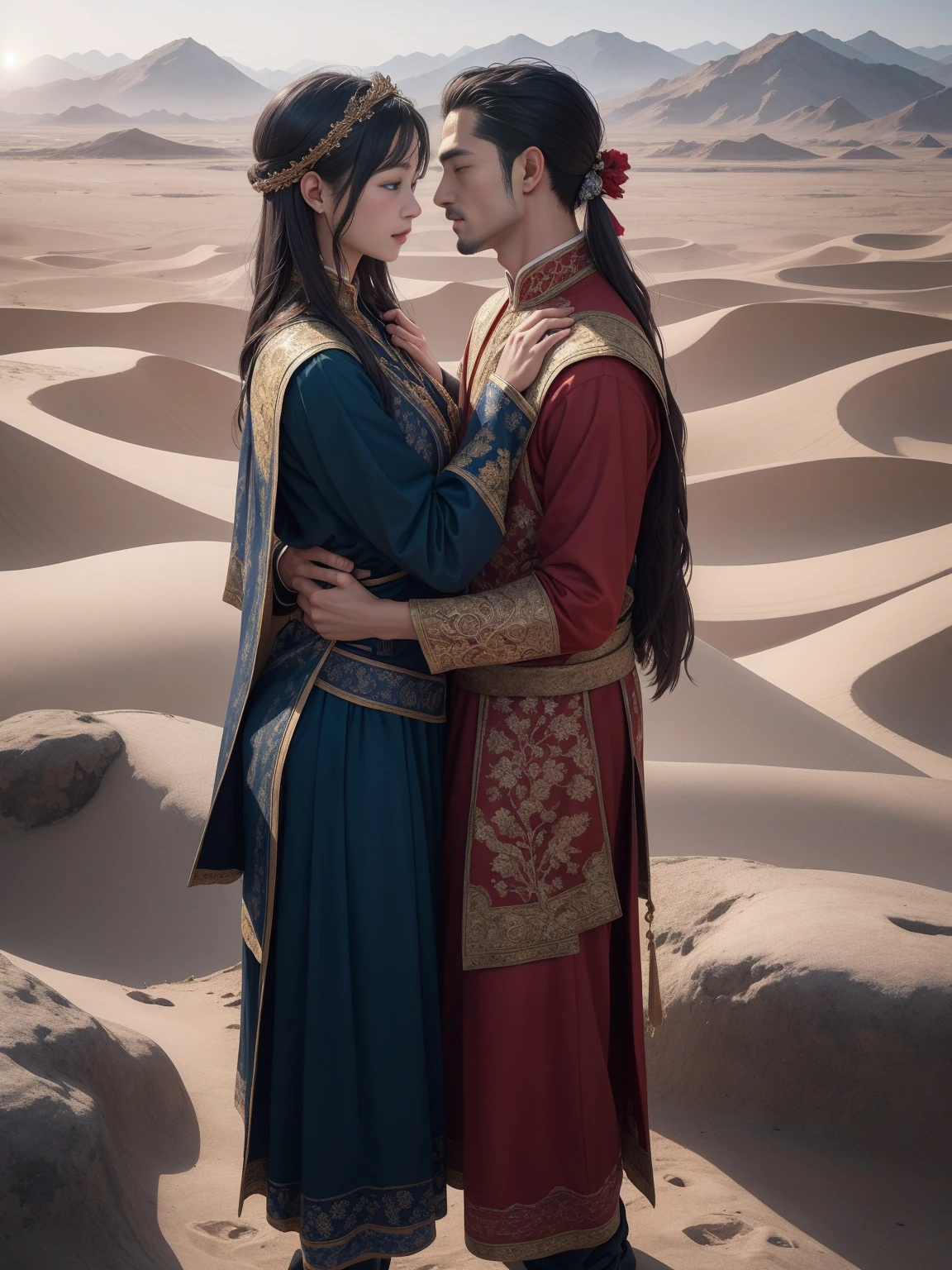 An intimate encounter between a man and a woman unfolds in a heartwarming and enchanting scene.。The stage is、The steppes of medieval Central Asia。The banks of the Ili River sparkling in sunlight。Fantastic and majestic continental scenery。Ethnic、Creates a romantic atmosphere。 They stand facing each other,。their heights are different from each other。 emphasizes their unique physical characteristics。 That man is his height,Has dark hair that frames his striking face。The man is the crown prince of the Turku nomadic empire in the steppes.。The man was wearing an ultramarine costume.、It is decorated with intricate golden embroidery.。Women are ordinary people of the Taklamakan Desert oasis, wearing Uighur national dress.。The woman is delicate and .。Her flowing, light-colored hair shows off her radiant beauty.。Their lips meet in a passionate kiss。 their pure love、Emphasis is placed on transcending class and culture.。 This magical moment captures the essence of their love。Evokes a sense of sweetness and seduction。symbolism、((Highly detailed CG unity 8k wallpaper))Impressionism、romantic、Persian miniature、The Romance of the Silk Road、Reminiscent of the style of Alma Tadema and Gustave Moreau、delicate、beautiful、It has an exotic, luxurious and profound charm.。digital art。。digital art。