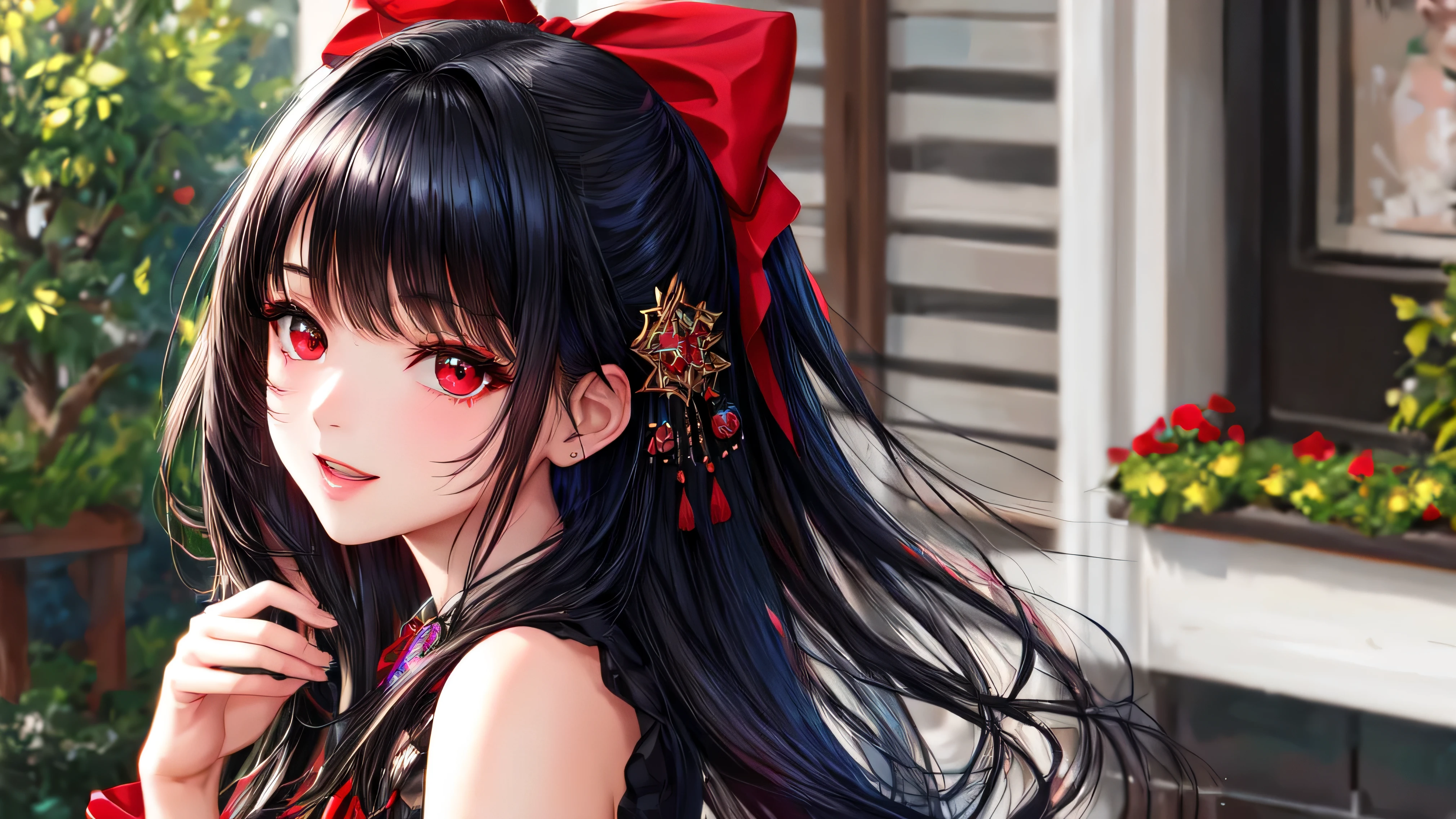 masterpiece, highest quality, Very detailed, High resolution, Extremely detailed CG, Face Focus, One Girl, , ((Blue-black hair and red eyes)), , Wear a black dress, Black check skirt, bangs, Shillong Hair, bow, Hair bow, Red ribbon, Laughter, Bobcut, Portraiture,