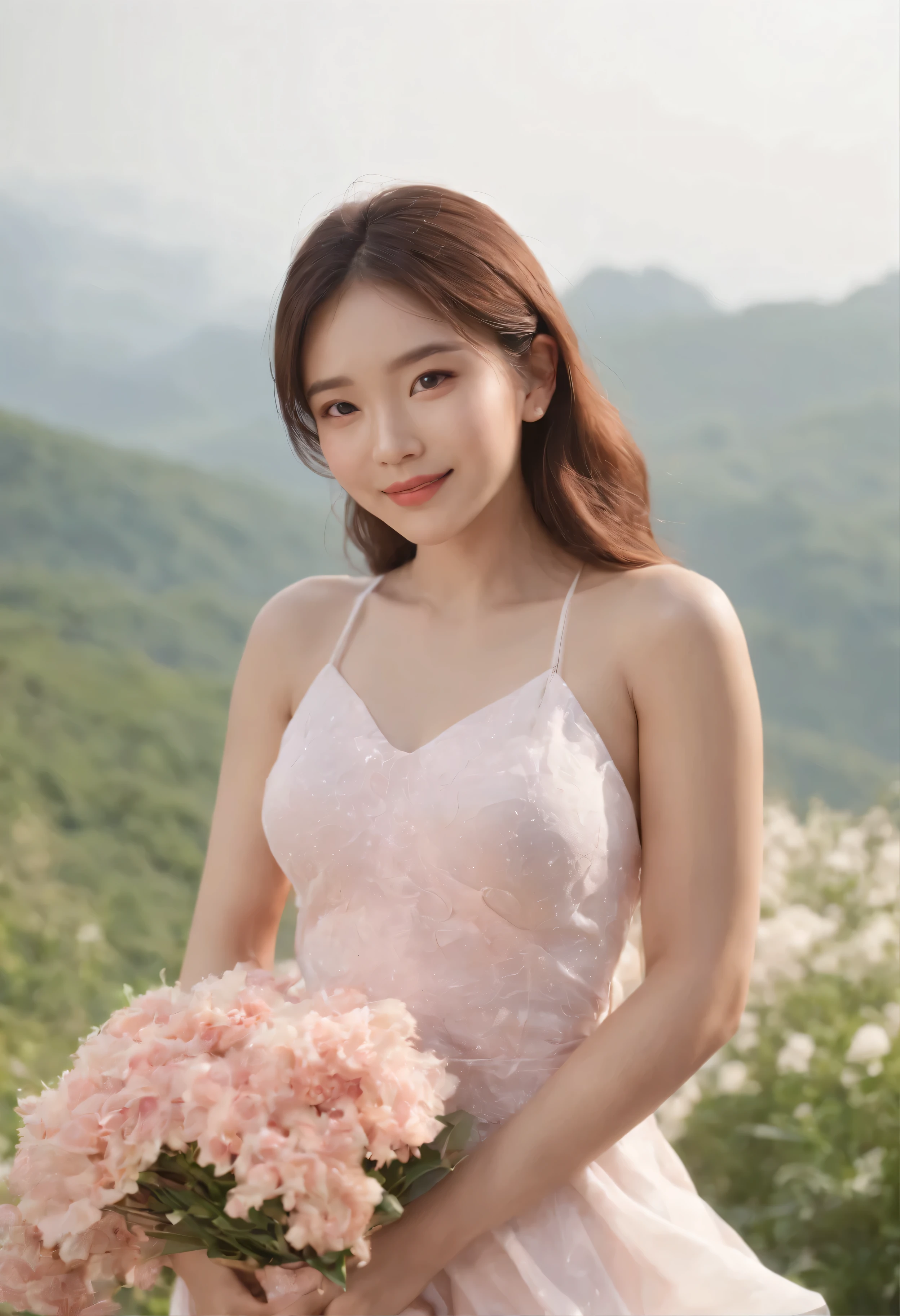 (masterpiece)、(Highest quality)、(Super fine)、(Shadow:0.4)、(Extremely delicate and beautiful)、Photorealistic、Dramatic lighting、Fine details、1girl、solo、shining beach、Detailed landscape、Blue sky、White cloud、sunlight、Diffraction Spikes、walking、(Pink swimsuit 1.22)、White gown in high definition image,、(Fine details of the iris)、smile、Short ponytail、(Dark Skin:0.3)、(Sunburn:1.3)、 Remove the legs from the frame、Holding a bouquet、Dark brown eyes