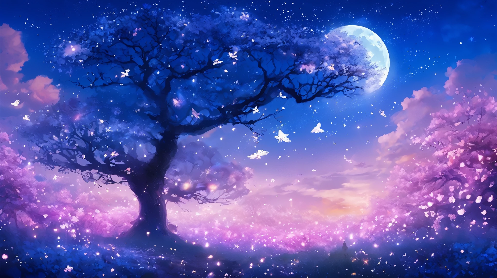 A calm image, moonlit forest, Glow in the dark mushrooms、Beautiful and mysterious tree branches、Beautiful transparent flower fairy , Transparent and colorful feathers, A walking stick swaying in the wind、The wand glittered in the starlight.,Golden Staff,Beautiful blue sky and white clouds、The girl has transparent wings、Smiling Kindly、Beautiful garden background、Gentle and transparent,Correct Anatomy, Delicate pattern,Pink rose space, Soft lighting, ( Bokeh),masterpiece, Very detailed, Great composition, highest quality, 8k,Epic romantic fantasy digital art,Epic fairy tale fantasy digital art,mythic fantasy,UHD resolution,Detailed detailed view,Realistic,非常にRealisticな,Cinema Lighting,Award-winning photo