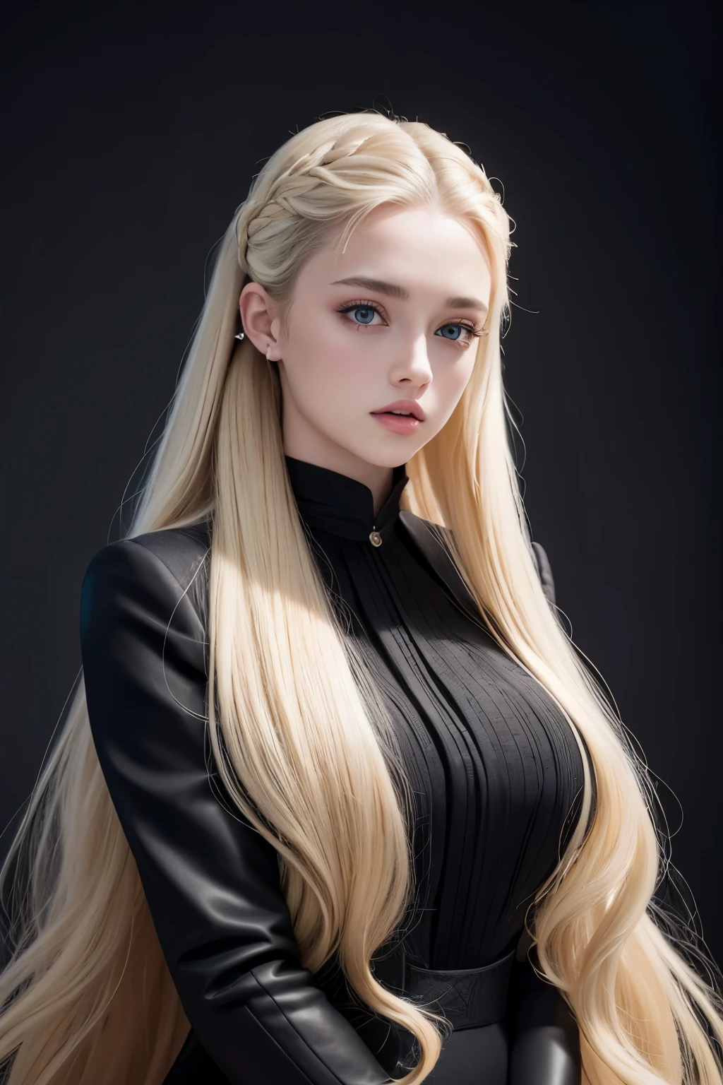 katherine langford with huge longest blonde hair, wearing a black dress suits , huge ling blonde hair with very long blonde hair, Ponytail hairstyle ,studio light,8k, details, high quality,manga,Sample imagine v5.2