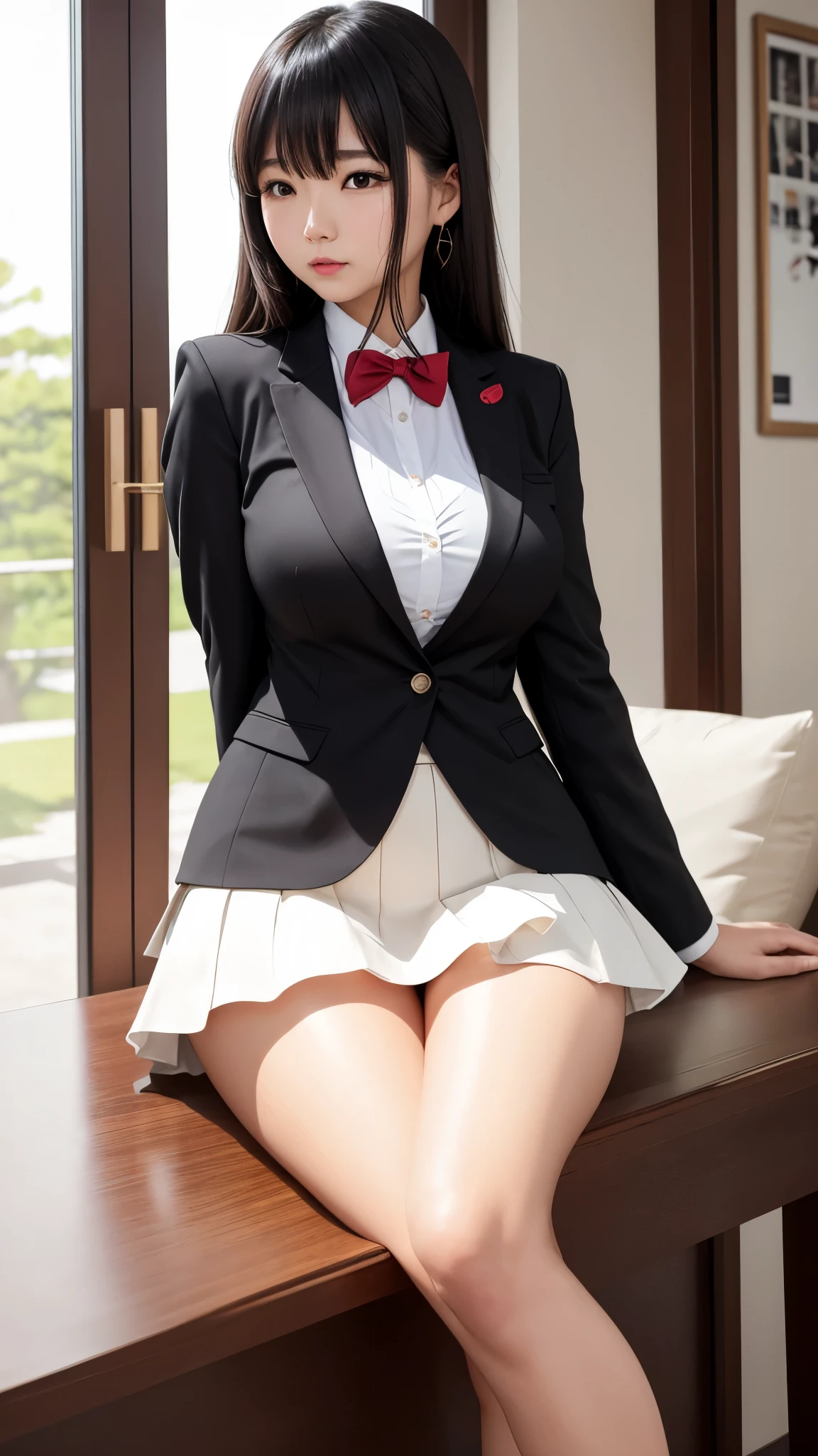 Detailed face、highlight、Beautiful thighs、Shin swelling、Asian、girl、breast enhancement、bangs、black髪、skirt、blazer、white、red、black、