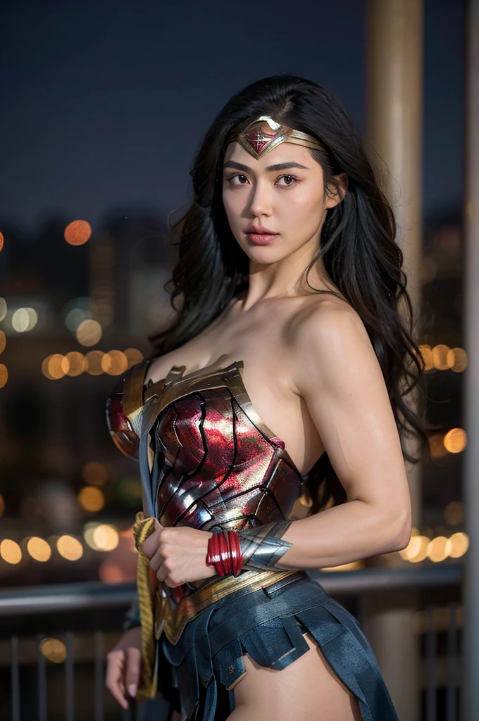 beautiful detail, best quality, 8k, highly detailed face and skin texture, high resolution, long hair huge tits japanese wonder woman in city at night, looking at viewer, sharp focus