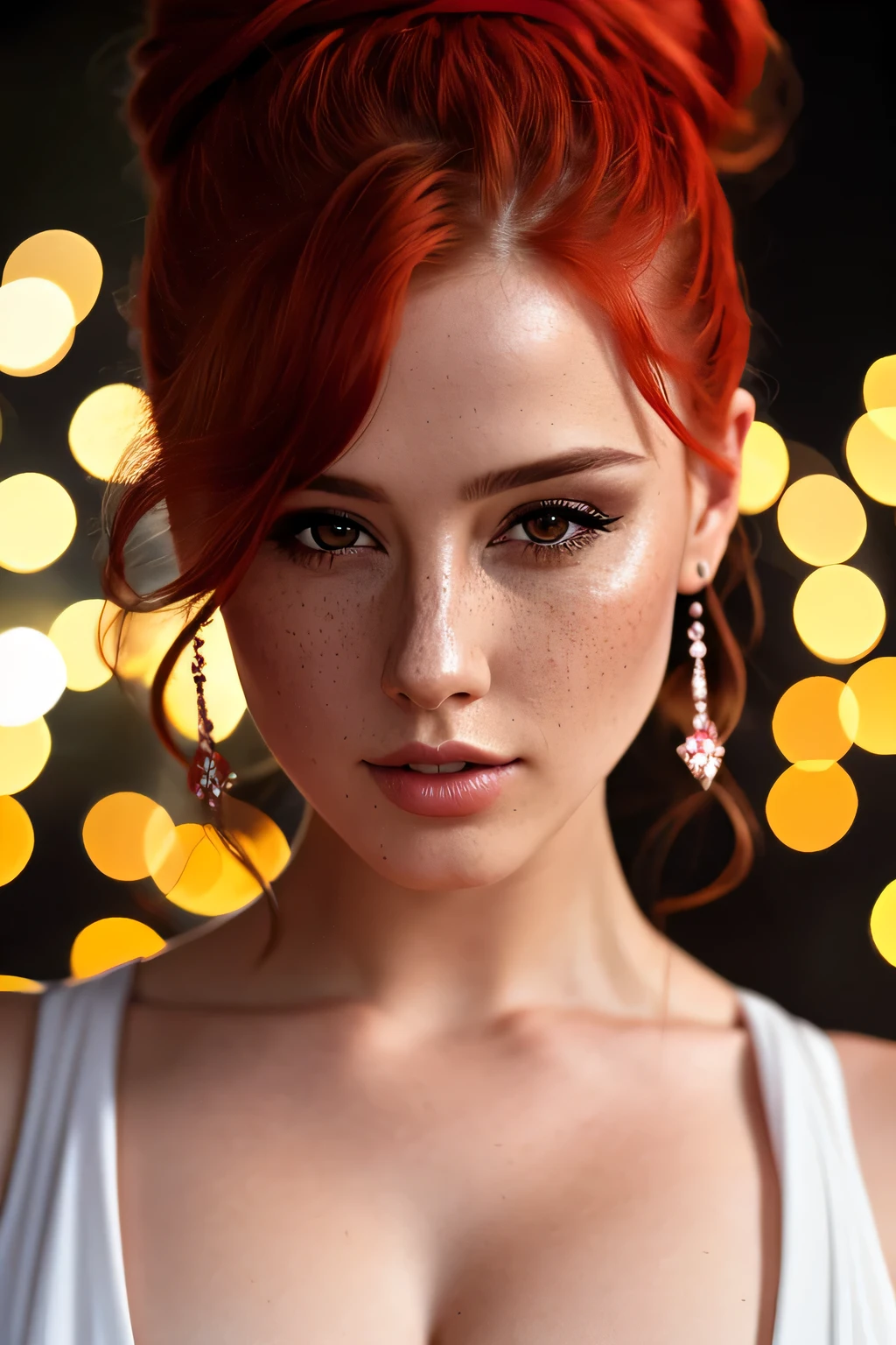 portrait photo of LenkaRegalova beautiful woman, red hair, topknot, pink bodysuit, night club, (masterpiece) (best quality) (detailed) (8k) (HDR) (wallpaper) (cinematic lighting) (sharp focus) (intricate)