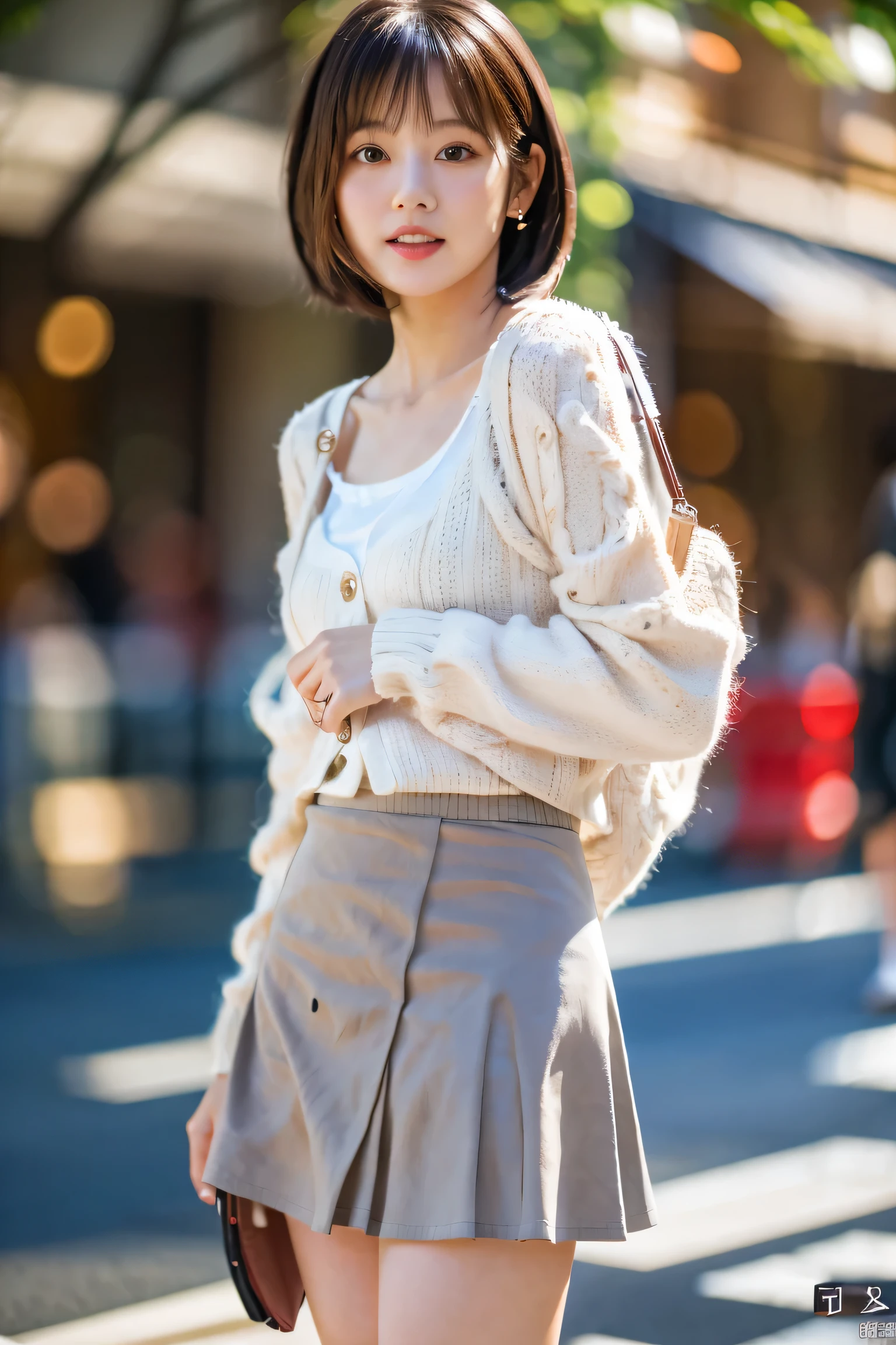 masterpiece, highest quality, Photorealistic, Very detailed, finely, High resolution, 8K Wallpaper, Professional, High level of detail, ((One 20-year-old girl:1.2)), Slender Japanese women,cute lips, Detailed clavicle, Mid-chest、Perfect Face, (Cute short hair:1.5), Chestnut Hair、Cute face、White Cardigan、(Grey Mini Flared Skirt:1.5)、Black short boots、(Sexy poses in the shopping district:1.2)、Perfect Professional Potion、((Complete head-to-toe coverage:1.5)、