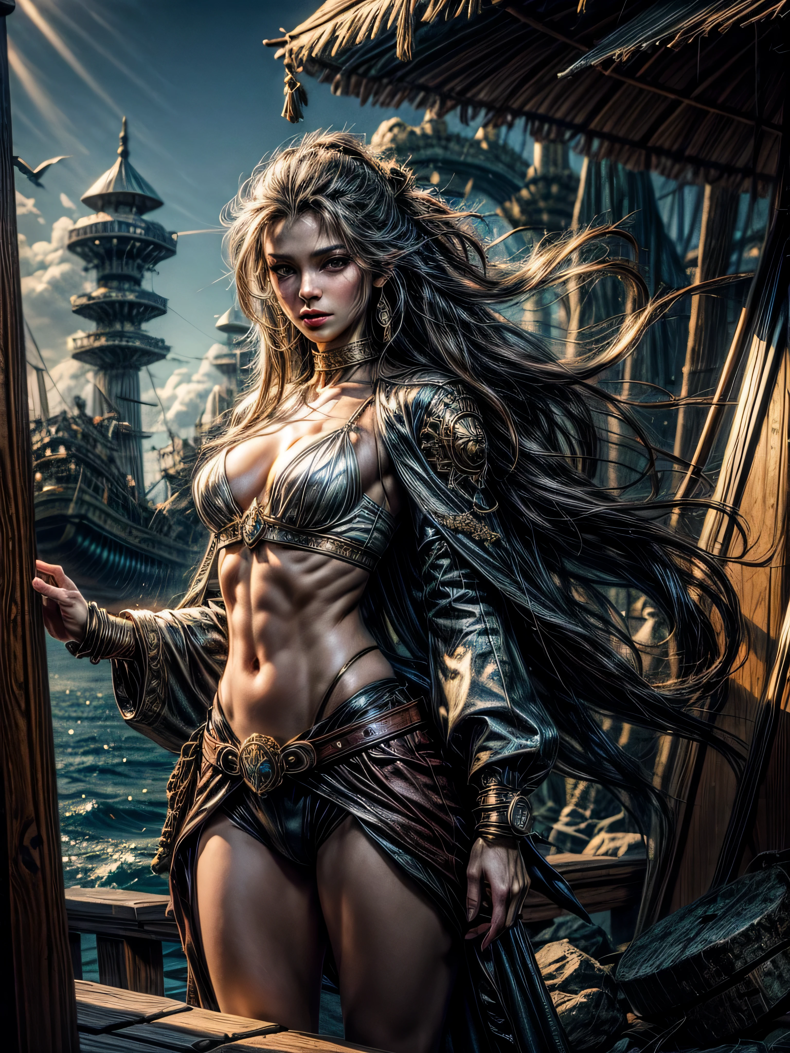 8K, masterpiece, high definition, 1 cute girl, highly detailed body, highly detailed face, perfect body, full body view, small breasts, fairy and glossy skin, long wavy hair, hair scattered across the face, wind blowing, girl wearing pirate outfit, pirate's of the carribbean universe, standing on a ship's deck,girl reading a chart, ancient era, fantasy sea, unreal engine, Highly detailed background, sharp image,