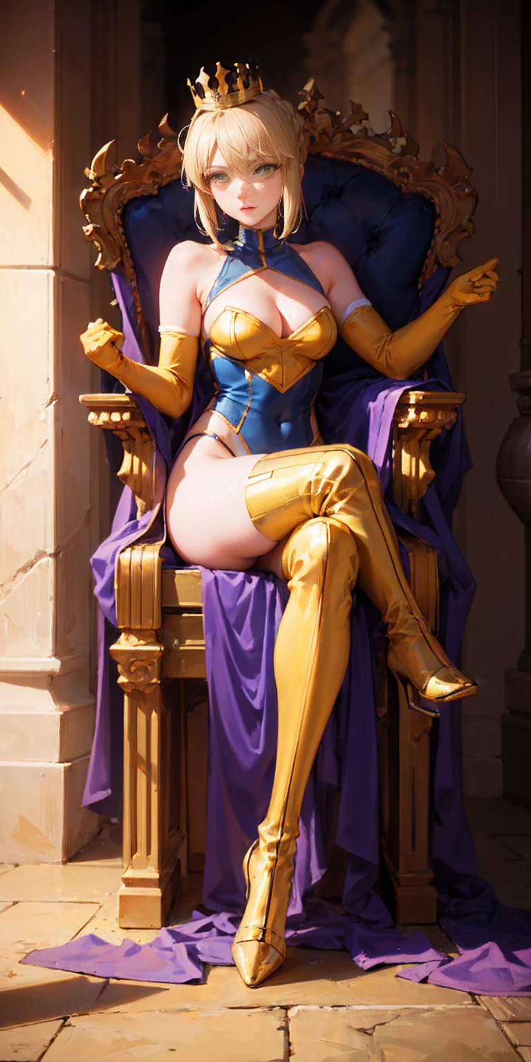 Lancer Artoria, elegant adult female, blonde, green eyes, (yellow eyelashes), crown, green turtleneck, cleavage cutout, sleeveless, yellow leotard, elbow gloves, gauntlets, blue thigh, elegantly (sit on throne), throne room, close-up protrait, high resolution, extremely detail 8k cg, yellow bikini (yellow tiger stripes) full body sitting on throne showing her ass to me