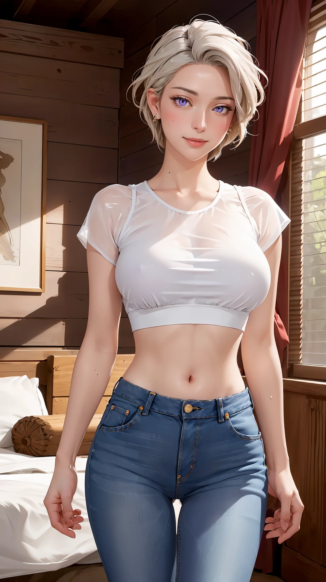 ((((masterpiece, best quality, high resolution)))), Extremely detailed 8K, Beautiful girl with voluptuous body, (Ultra HD, Ultra-detailed, Highly detailed, Highly realistic, Ultra-realistic, photograph realistic), (1girl:1.5), (Realistic white hair), (short wavy hair, hair ornaments, earrings), (dynamic poses), facing at camera, looking at viewer, (blushing red, embarrassed, smile), (purple eyes, sharp eyes), (perky breasts:1.2), (beautiful detailed face, beautiful detailed eyes), ((translucent loose crop top, body silhouette, jeans shorts)), (detail pussy), (standing up), sweat, glow, (sunbeam, sunlight), ((cowboy shot)), bedroom, seductive