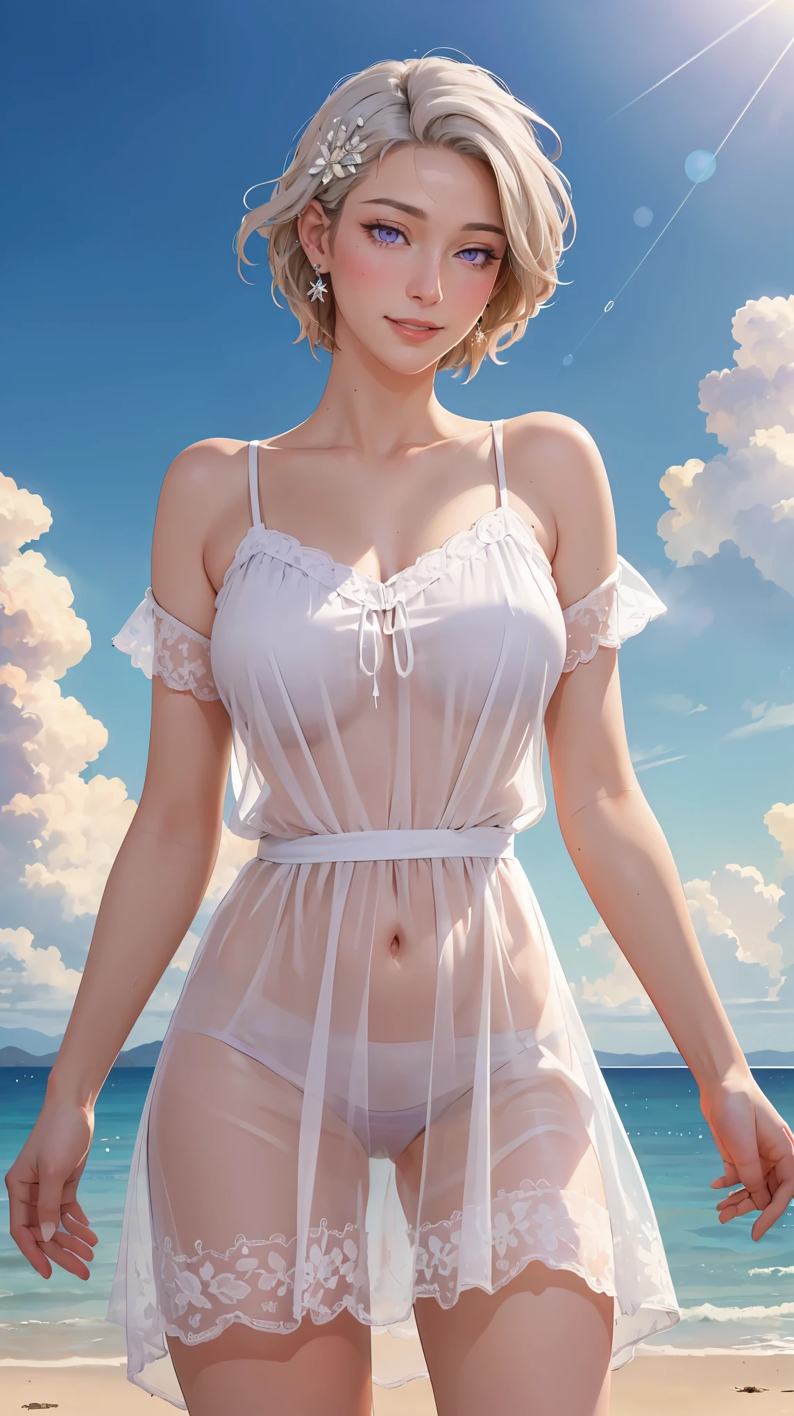 ((((masterpiece, best quality, high resolution)))), Extremely detailed 8K, Beautiful girl with voluptuous body, (Ultra HD, Ultra-detailed, Highly detailed, Highly realistic, Ultra-realistic, photograph realistic), (1girl:1.5), (Realistic white hair), (short wavy hair, hair ornaments, earrings), (dynamic poses), facing at camera, looking at viewer, (blushing red, embarrassed, smile), (purple eyes, sharp eyes), (perky breasts:1.2), (beautiful detailed face, beautiful detailed eyes), ((transparent loose mini nightdress, body silhouette)), (detail pussy), (standing up), sweat, glow, (sunbeam, sunlight), ((cowboy shot)), beach, seductive, (glistening)
