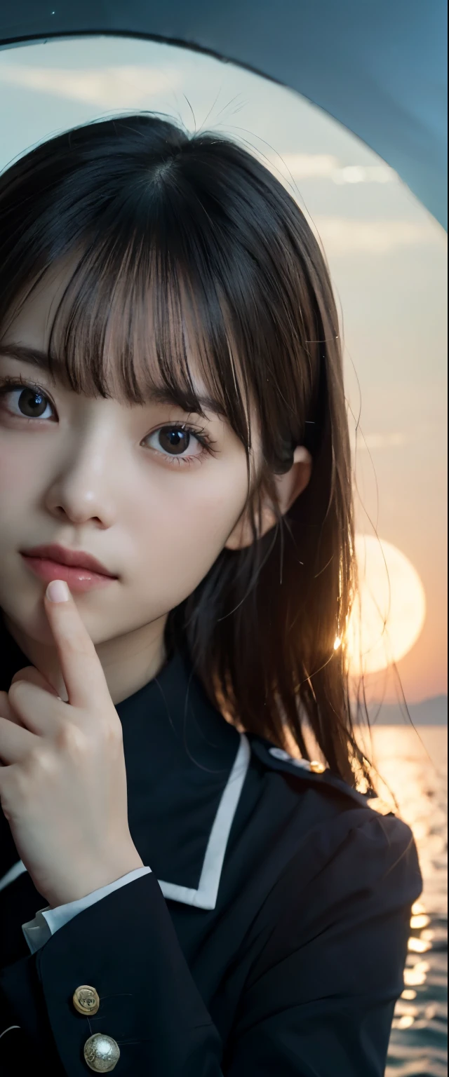 (Slim close-up portrait, Small breasted girl in uniform:1.5)、(A sad-looking girl with her hair blowing in the wind gazing at the big full moon 1.3)、(Large full moon reflected in the sea at night :1.3)、(Perfect Anatomy:1.3)、(Complete Hand:1.3)、(Full Finger:1.3)、Realistic、RAW Photos、Tabletop、highest quality、High resolution、Delicate and beautiful、Perfect Face、Beautiful details、Fair skin、Real human skin、pores、((Thin legs))、(Black Hair)、 Half body shot