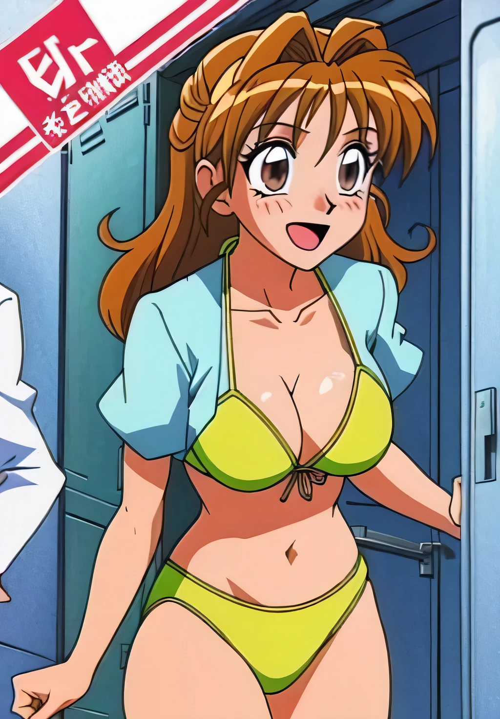 alone,locker room,bikini,Swimwear,pupil_Brown,blush,smile,Open your mouth,masterpiece, expensive quality, very_expensive_solve, big_file size, Full Color,